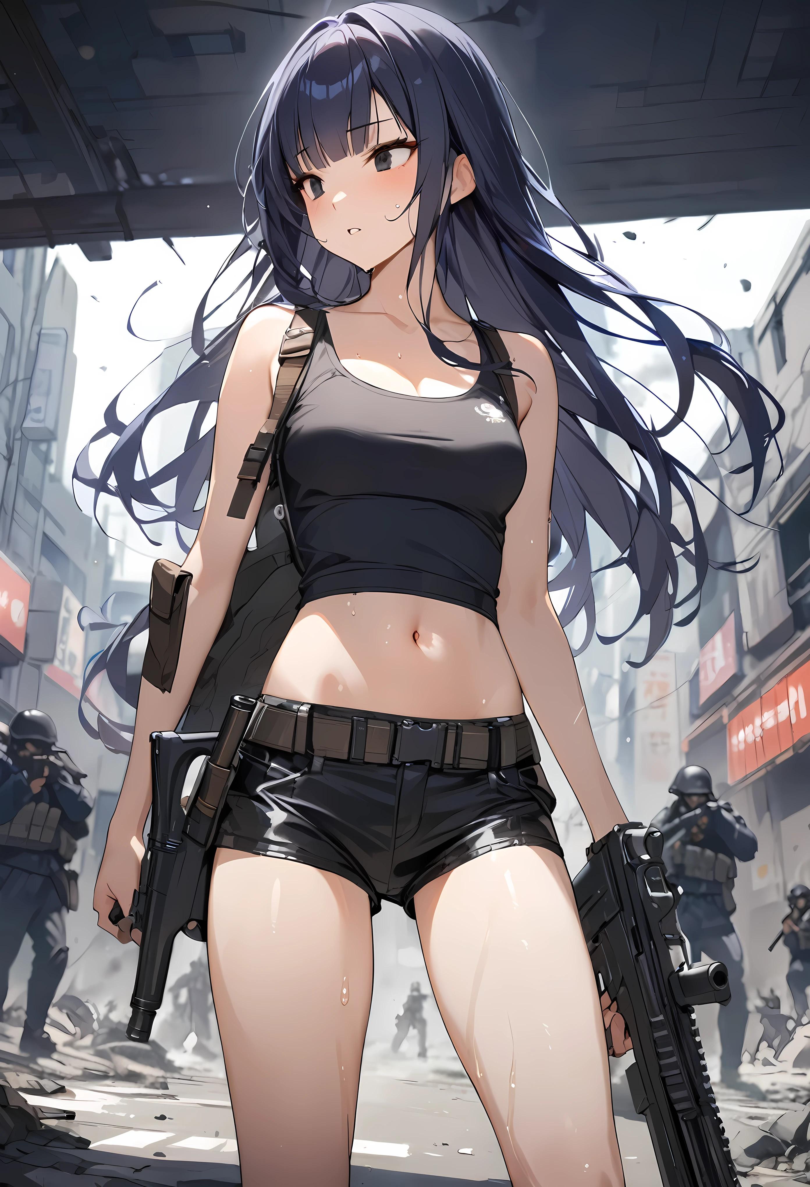 Action Scenes、Urban Warfare、Gunfight、((masterpiece, highest quality:1.3)),cowboy shot,20 year old beauty,solo,((very small head)),dark blue hair,long hair,black eyes,blunt bangs,medium breasts,((long body,slender body)),skinny,shiny skin,oily skin,sweat,Black tight tank top、Navel exposed、Black leather micro mini shorts、gunbelt,equipped with automatic rifle、Shoot a gun:1.5,on street、Ruined Tokyo、End of the World、