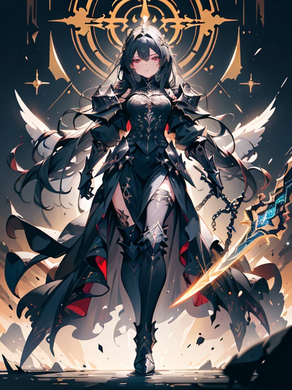 A breathtaking artwork of a female character of unimaginable beauty, set in a dark and opulent environment. The full-body view reveals an impressive figure, exuding an aura of power and mystery. She wears black and gold clothes, radiating a luxurious darkness. Her armor is detailed and characteristic, with intricate golden designs that shimmer in the dim light. Ornate shoulder pads protect her shoulders, and the armor perfectly molds to her body, accentuating her formidable presence.

Her long black hair flows like a river of darkness, contrasting with her mesmerizing scarlet eyes. Her beauty is almost supernatural, a perfect blend of grace and menace. She wields a cursed blade that seems to pulse with malevolent energy, enhancing her aura of danger.

The setting around her is a gothic and luxurious environment, with dark arches and stained glass windows that filter a supernatural light. In the background, candles flicker, casting dancing shadows on the intricately carved stone walls. It is a place that blends elegance and terror, perfectly reflecting the essence of the character.
