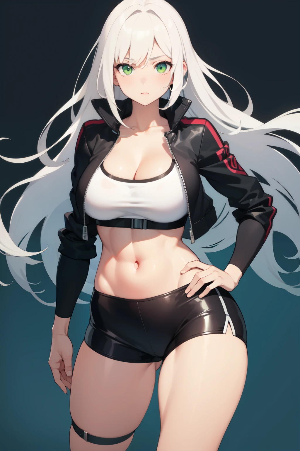 ((best quality)), ((masterpiece)), (detailed), perfect face, long hair, white hair, bright green eyes, cropped jacket, big breasts, wide hips, shirtless, biker shorts, 1girl