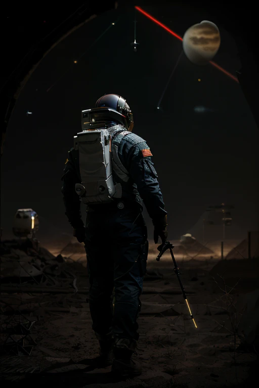 (((he wears an astronaut uniform he is on an uninhabitable planet))), barba,nojento,60-year-old homens, he walks the moon looking for alien life, o oculto e o desconhecido traz ao astronauta o medo e a incerteza, ((view from afar he is searching with his equipment at his side an android analyzing fragments on the ground with his laser))