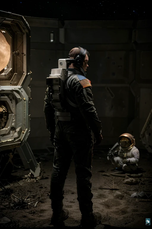 (((he wears an astronaut uniform he is on an uninhabitable planet))), barba,nojento,60-year-old homens, he walks the moon looking for alien life, o oculto e o desconhecido traz ao astronauta o medo e a incerteza, ((view from afar he is searching with his equipment at his side an android analyzing fragments on the ground with his laser))