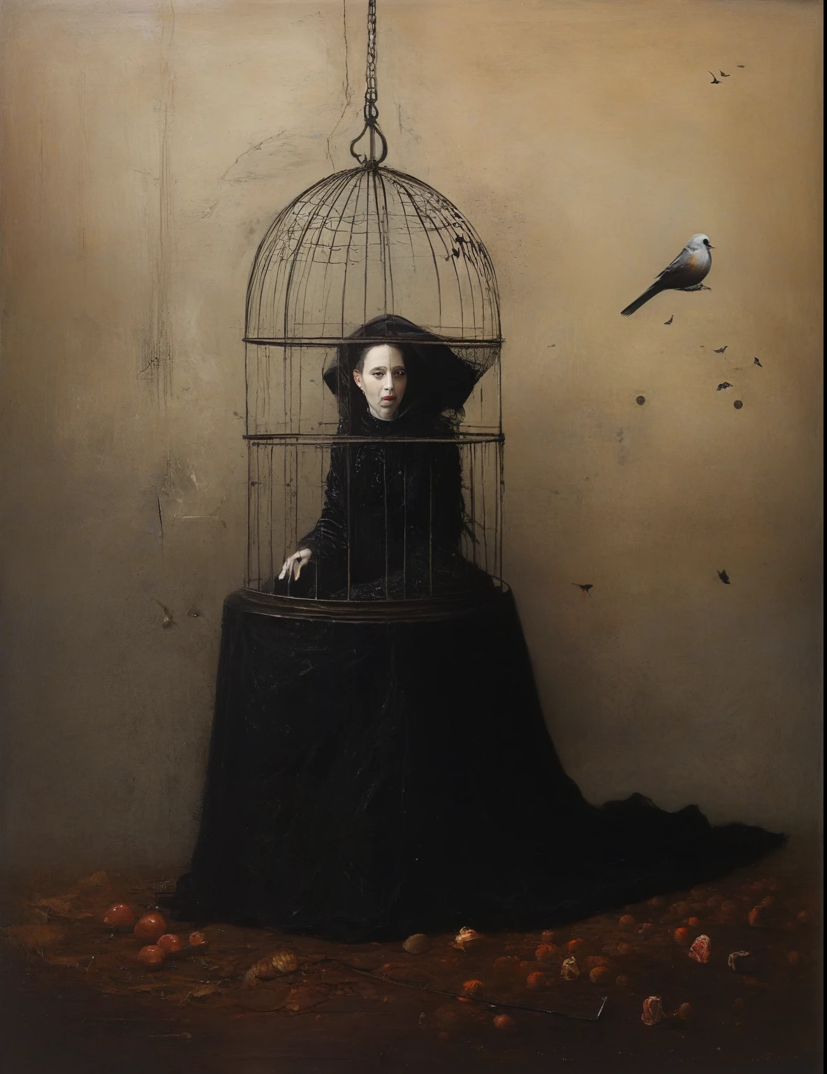 James Gurney, Surrealist art , dream-like, Mysterious, Provocative, symbolic, Complex, detailed,, (Gothic but very beautiful:1.4), (masterpiece, highest quality:1.4) , Nicola Samori Style, birdcage