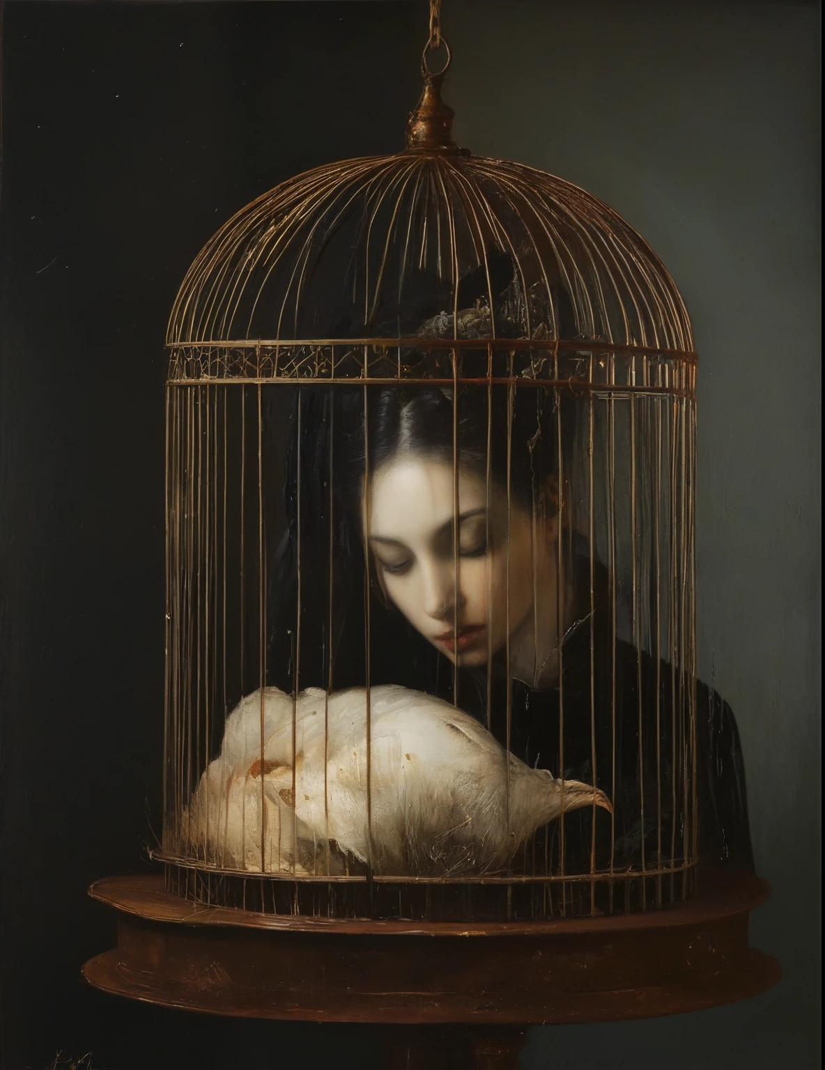 James Gurney, Surrealist art , dream-like, Mysterious, Provocative, symbolic, Complex, detailed,, (Gothic but very beautiful:1.4), (masterpiece, highest quality:1.4) , Nicola Samori Style, birdcage
