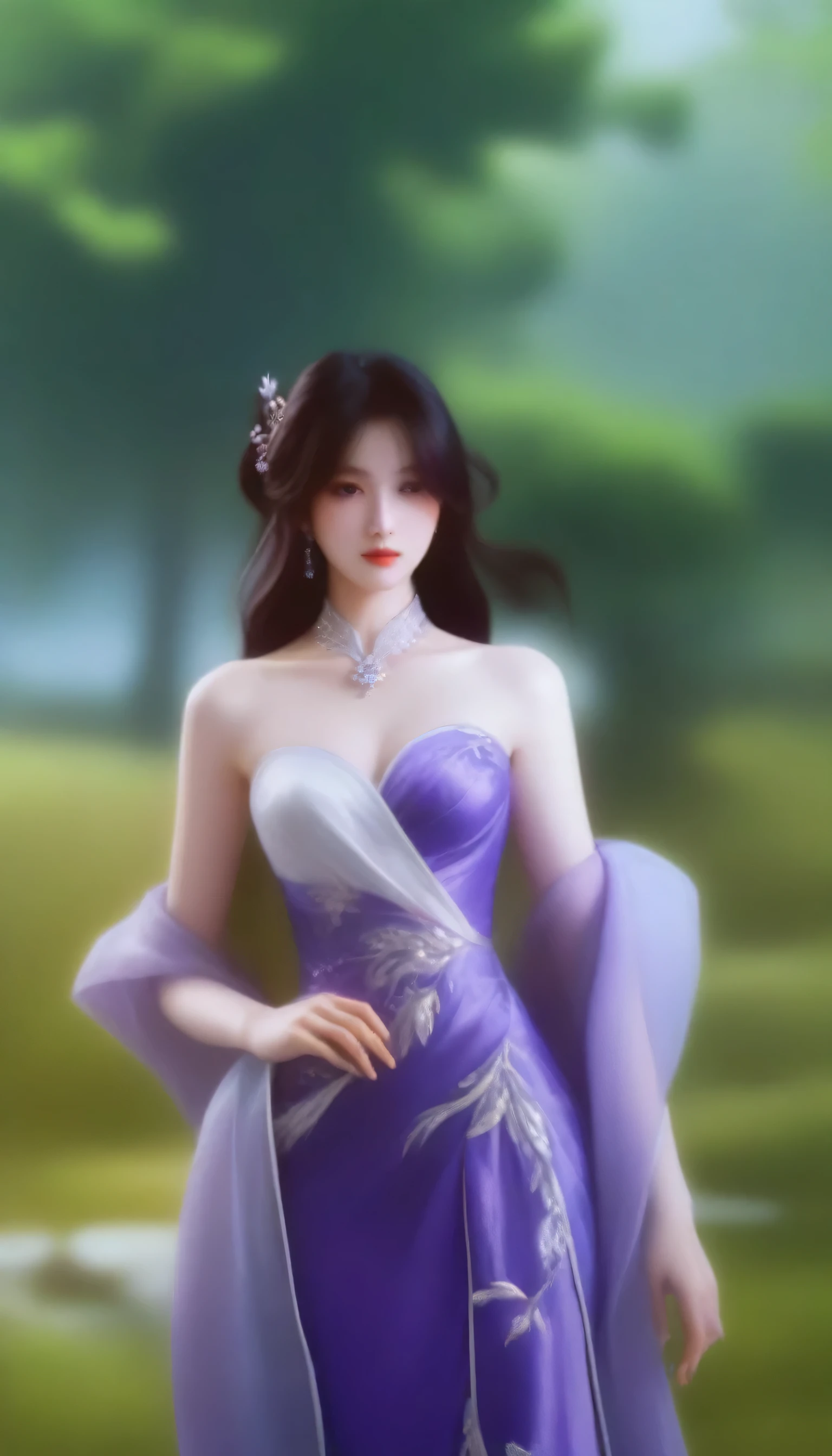 painting of a woman in a purple dress and a white dress, full body xianxia, a beautiful fantasy empress, ((a beautiful fantasy empress)), beautiful character painting, elegant cinematic pose, beautiful render of tang dynasty, inspired by Li Mei-shu, by Yang J, xianxia fantasy, anime goddess, 3 d anime realistic, inspired by Qiu Ying