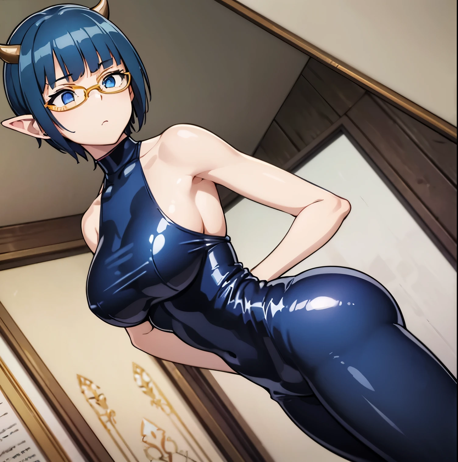 1 girl, alone, Zenia, (masterpiece: 1.3), (detailed), (best quality), detailed face and eyes, blue eyes, (solo), skin, pointed ears, glasses, horns, short hair, blue hair, elbow-length gloves, zipper pull, ???? shoulders, ?????????????, medium waist, wide ????, medium thighs, round ????, room, looking at viewer, ???????????, pov (from below), (hand on ???: 1.2) ,(huge ???: 1.2), navy blue latex suit, tight suit, perfect ???????, perfect hands