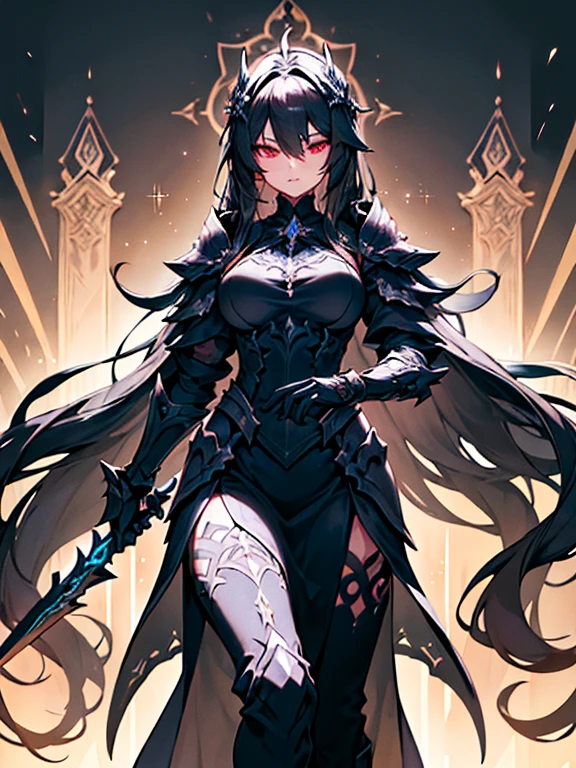 A breathtaking artwork of a female character of unimaginable beauty, set in a dark and opulent environment. The full-body view reveals an impressive figure, exuding an aura of power and mystery. She wears black and gold clothes, radiating a luxurious darkness. Her armor is detailed and characteristic, with intricate golden designs that shimmer in the dim light. Ornate shoulder pads protect her shoulders, and the armor perfectly molds to her body, accentuating her formidable presence.

Her long black hair flows like a river of darkness, contrasting with her mesmerizing scarlet eyes. Her beauty is almost supernatural, a perfect blend of grace and menace. She wields a cursed blade that seems to pulse with malevolent energy, enhancing her aura of danger.

The setting around her is a gothic and luxurious environment, with dark arches and stained glass windows that filter a supernatural light. In the background, candles flicker, casting dancing shadows on the intricately carved stone walls. It is a place that blends elegance and terror, perfectly reflecting the essence of the character.
