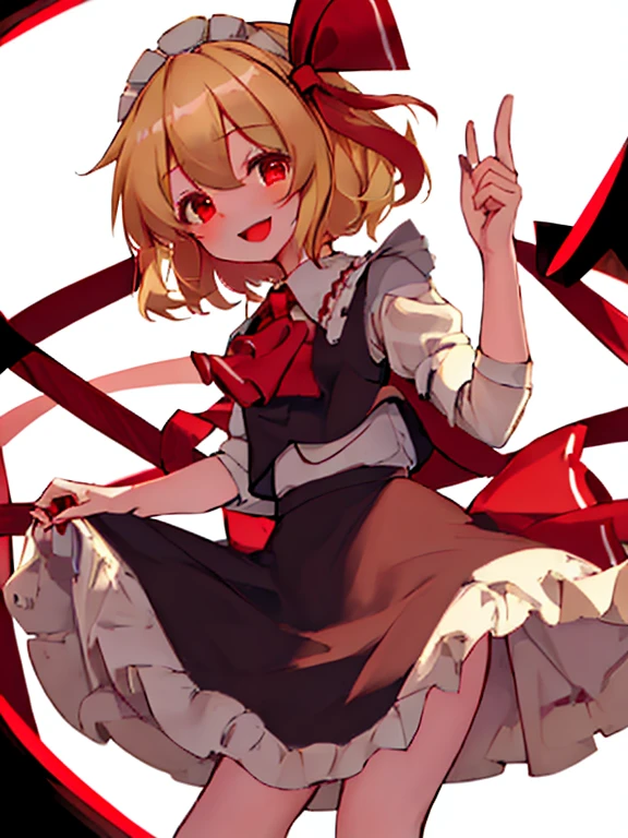 best quality, masterpiece, highres, solo, {maid:1.40}, {long maid dress:1.15}, {rumia_touhou:1.15}, blonde_hair, ribbon, short_hair, hair_ribbon, red_eyes, vest, smile, open_mouth, red_ribbon, ascot