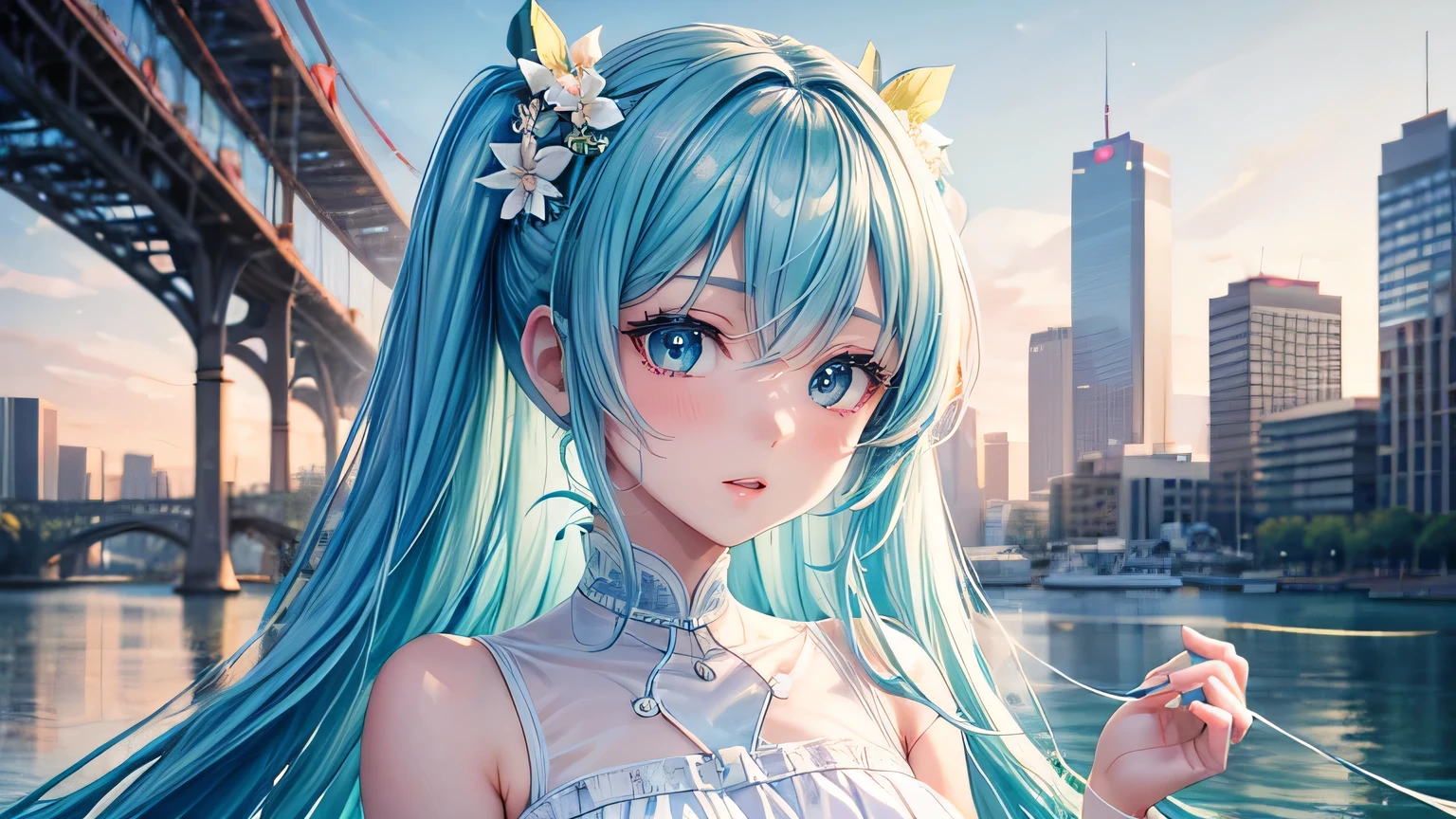 miku hatsune : 1.3, Blue Hair: 1.2, , Daytime: 1.2,In the summer town: 1.1, Cinema Lighting, Ultra-high resolution, Accurate, Super detailed, Textured skin, High detail, highest quality, 8k,Thin bangs, (Beautiful sky),(The Shining), Upper Body,Thick body, Well-drawn eyes, Focus on the face,summer,White and cute dress,Detailed hair depiction,evening,summer、City Background,Detailed depiction of eyes、Detailed depiction of hair、