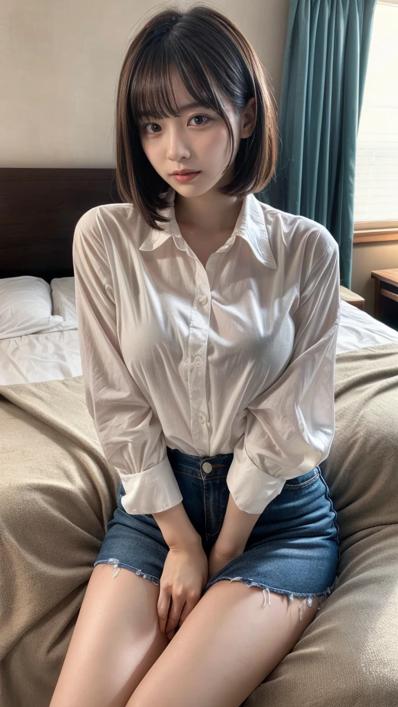 masterpiece, best quality, illustration, Super detailed, fine details, High resolution, 8K,wall paper, perfect dynamic composition,(Details High quality, realistic depiction of eyes:1.3), short bob hair,  (Oversized_Shirt:1.2)、Oversized_Shirt, ((facing viewer)), hotel room, Layered Cut, black hair color, Big Natural Color Lip, sexy pose, crying a little、cold gaze, Harajuku style、20 year old girl、cute type、lolita, hposing Gravure Idol, full body photo, huge breasts