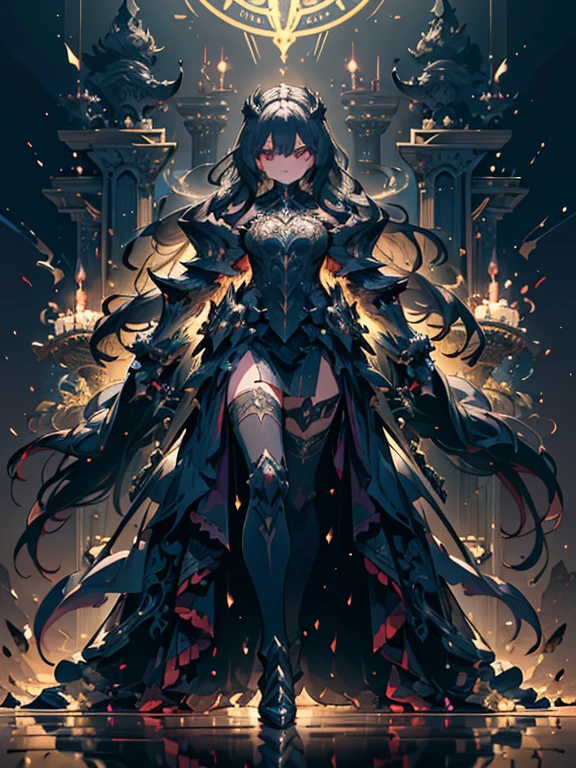 A breathtaking artwork of a female character of unimaginable beauty, set in a dark and opulent environment. The full-body view reveals an impressive figure, exuding an aura of power and mystery. She wears black and gold clothes, radiating a luxurious darkness. Her armor is detailed and characteristic, with intricate golden designs that shimmer in the dim light. Ornate shoulder pads protect her shoulders, and the armor perfectly molds to her body, accentuating her formidable presence.

Her long black hair flows like a river of darkness, contrasting with her mesmerizing scarlet eyes. Her beauty is almost supernatural, a perfect blend of grace and menace. She wields a cursed blade that seems to pulse with malevolent energy, enhancing her aura of danger.

The setting around her is a gothic and luxurious environment, with dark arches and stained glass windows that filter a supernatural light. In the background, candles flicker, casting dancing shadows on the intricately carved stone walls. It is a place that blends elegance and terror, perfectly reflecting the essence of the character.
