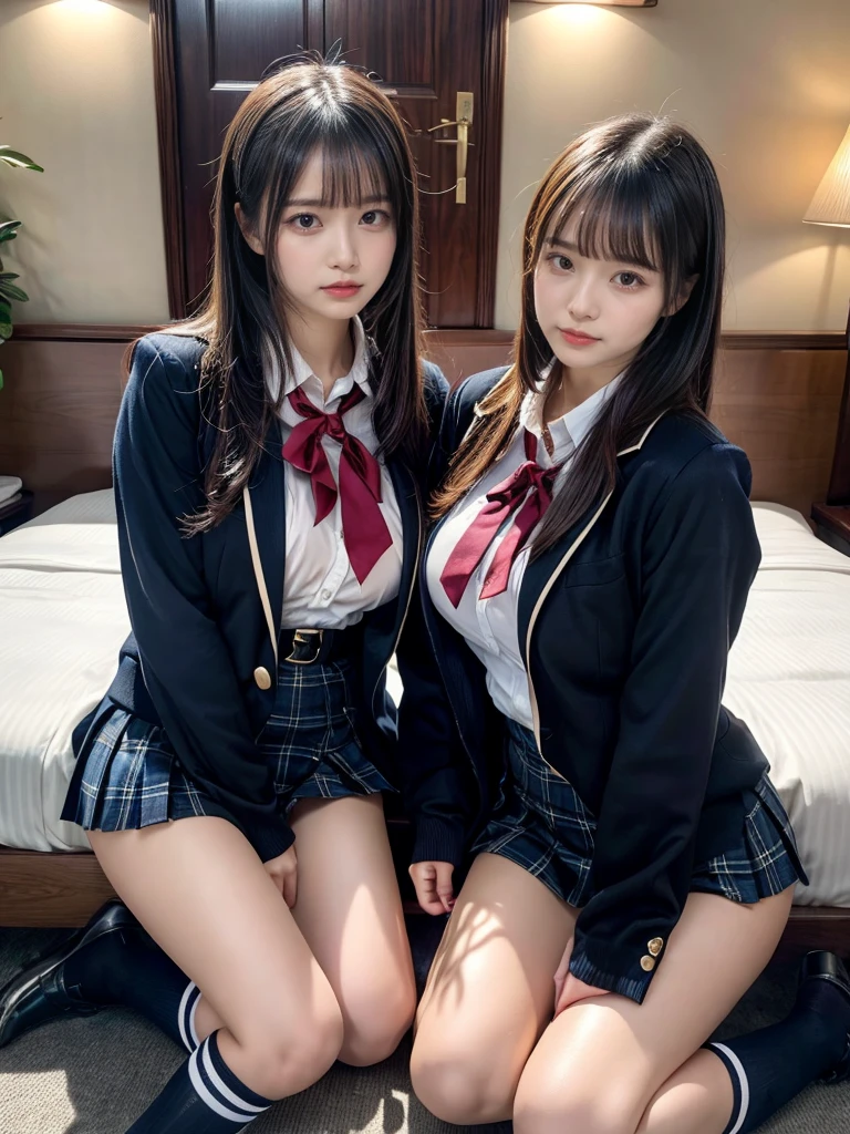 (8K, Raw photography, top-quality, masterpiece:1.2), master piece, best quality, illustration, Super detailed, fine details, High resolution, 8K,wall paper, perfect dynamic composition,(Details High quality, realistic depiction of eyes:1.3), ((2 girls, 2 girls)), The background is a luxury hotel room、High school girl uniform、blazer 、Super Short Check Uniform Skirt、Navy blue high socks、garterbelts、Colossal tits、Disturbed uniform, Play with each other,Touching each other's bodies,Touching the body of the girl next door, short bob hair, black hair color, huge breasts, Big Natural Color Lip, bold sexy pose, (perfect body shape), crying a little、cold gaze, Beautiful makeup,glitter makeup,Cutest 18 years old, beautiful legs, hposing Gravure Idol, Voluptuous thighs