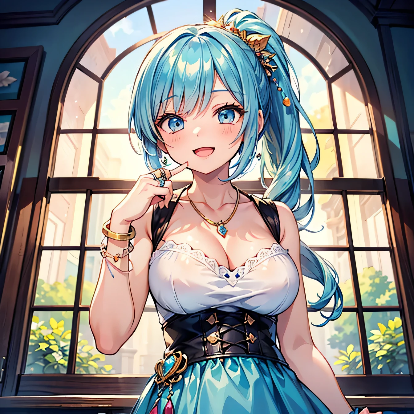 Anime Moe Art Style,highest quality,High resolution,Anatomically correct,One Girl,Mid-teens,A girl with light blue hair in a ponytail,Super detailed,Fantasy World,Girly fashion,Big Breasts,A rich expression,Laughing with your mouth open,Window Shopping,Eyes drawn in detail,hair ornaments,necklace,bracelet,ring,8K