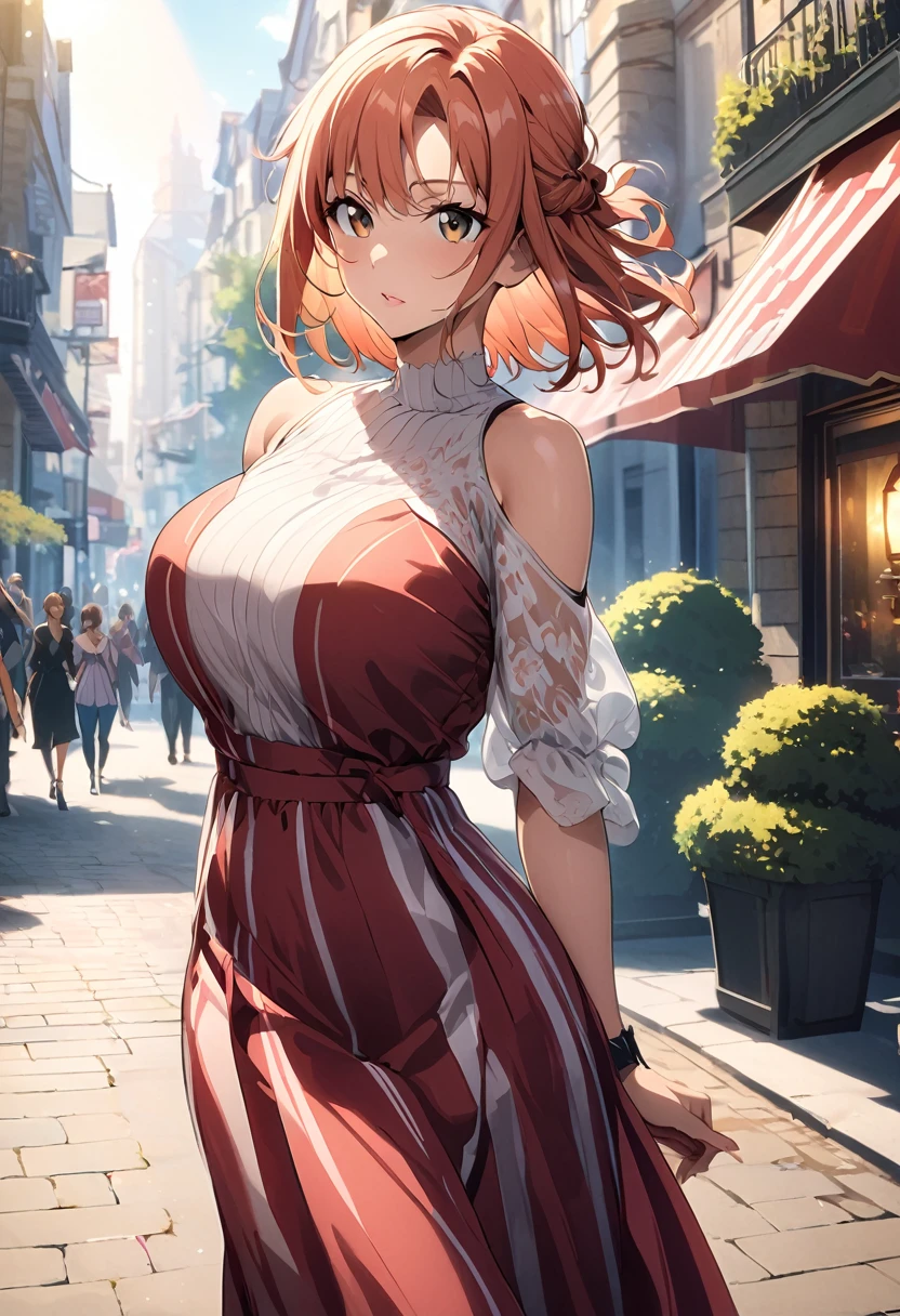 highest quality, 1peopleの女の子, (skeindentation), (Huge breasts:1.2), (blur bacけground:0.6), (street:1.2), (people々, crowd:1), garden, Day, Outdoor, (Casual yet stylish, Elegant fabric, high necけ dress:1.5), nice, (bangs, short hair:1.5), (Floating Hair:1.2), (Dynamic pose:1.2), Soft lighting, Wind, (Front light:1.5),  makeeup, 