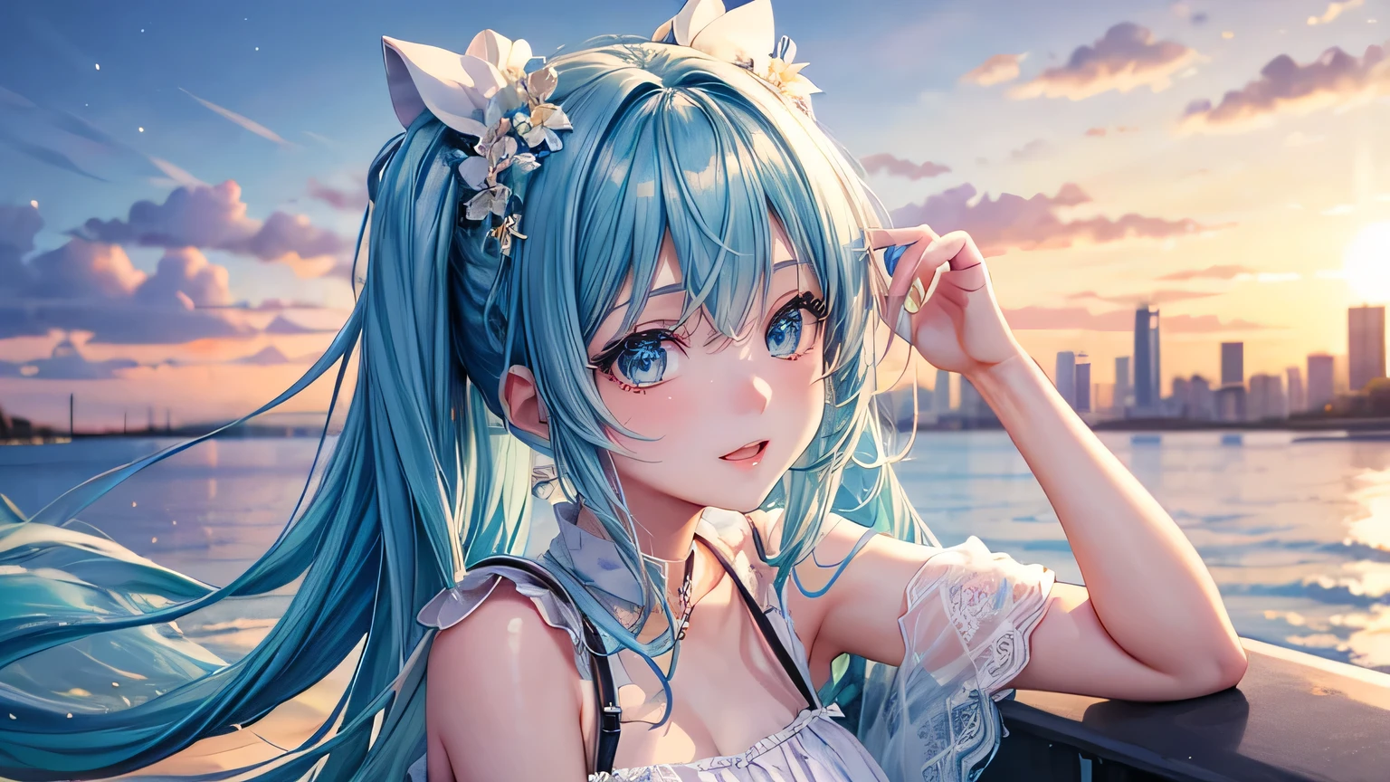 miku hatsune : 1.3, Blue Hair: 1.2, , Daytime: 1.2,In the summer town: 1.1, Cinema Lighting, Ultra-high resolution, Accurate, Super detailed, Textured skin, High detail, highest quality, 8k,Thin bangs, (Beautiful sky),(The Shining), Upper Body,Thick body, Well-drawn eyes, Focus on the face,summer,White and cute dress,Detailed hair depiction,evening,summer、City Background,Detailed depiction of eyes、Detailed depiction of hair、