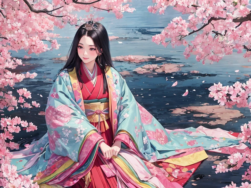 Twelve-layered kimono，(masterpiece, highest quality, highest quality，aesthetics:1.2)，From the side，Esbian all over，1300 years ago，Japan_Heian period，noble，１Beautiful Princess，Skin Texture，(Straight Hair　Long beautiful black hair　wealthy)，warm，de luz，Beautiful super detailed big round eyes，Beautiful ultra-detailed lips，A little smile，Beautiful ultra-detailed fingertips，(Twelve-layered kimono　Gentle pink hue　The beauty of layered colors)，The softness of silk，Layered collar，Wide sleeves，Long hakama hem，dream-like，Elegant，Blur，Pink Coat