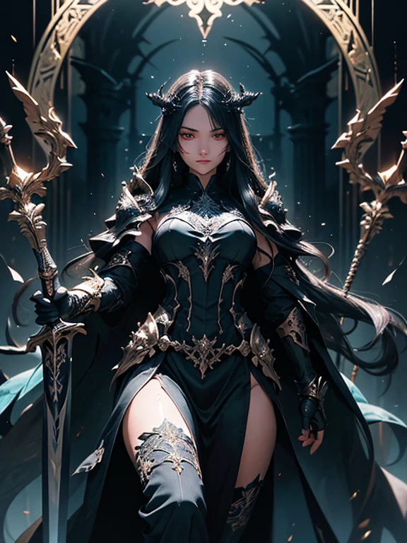 A breathtaking artwork of a female character of unimaginable beauty, set in a dark and opulent environment. The full-body view reveals an impressive figure, exuding an aura of power and mystery. She wears black and gold clothes, radiating a luxurious darkness. Her armor is detailed and characteristic, with intricate golden designs that shimmer in the dim light. Ornate shoulder pads protect her shoulders, and the armor perfectly molds to her body, accentuating her formidable presence.

Her long black hair flows like a river of darkness, contrasting with her mesmerizing scarlet eyes. Her beauty is almost supernatural, a perfect blend of grace and menace. She wields a cursed blade that seems to pulse with malevolent energy, enhancing her aura of danger.

The setting around her is a gothic and luxurious environment, with dark arches and stained glass windows that filter a supernatural light. In the background, candles flicker, casting dancing shadows on the intricately carved stone walls. It is a place that blends elegance and terror, perfectly reflecting the essence of the character.
