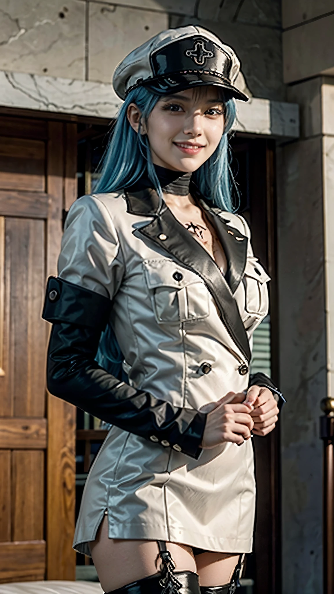 Photorealistic, insanely detailed, realistic texture, adaptable lighting. Portrait of a Japanese girl, teenager. colorful  blue hair dye. cosplay, esdeath, long blue hair, hat, peaked cap, military, uniform, military uniform, choker, thighhighs, boots, thigh boots, chest tattoo, upper body portrait. posing elegant smile, smiling