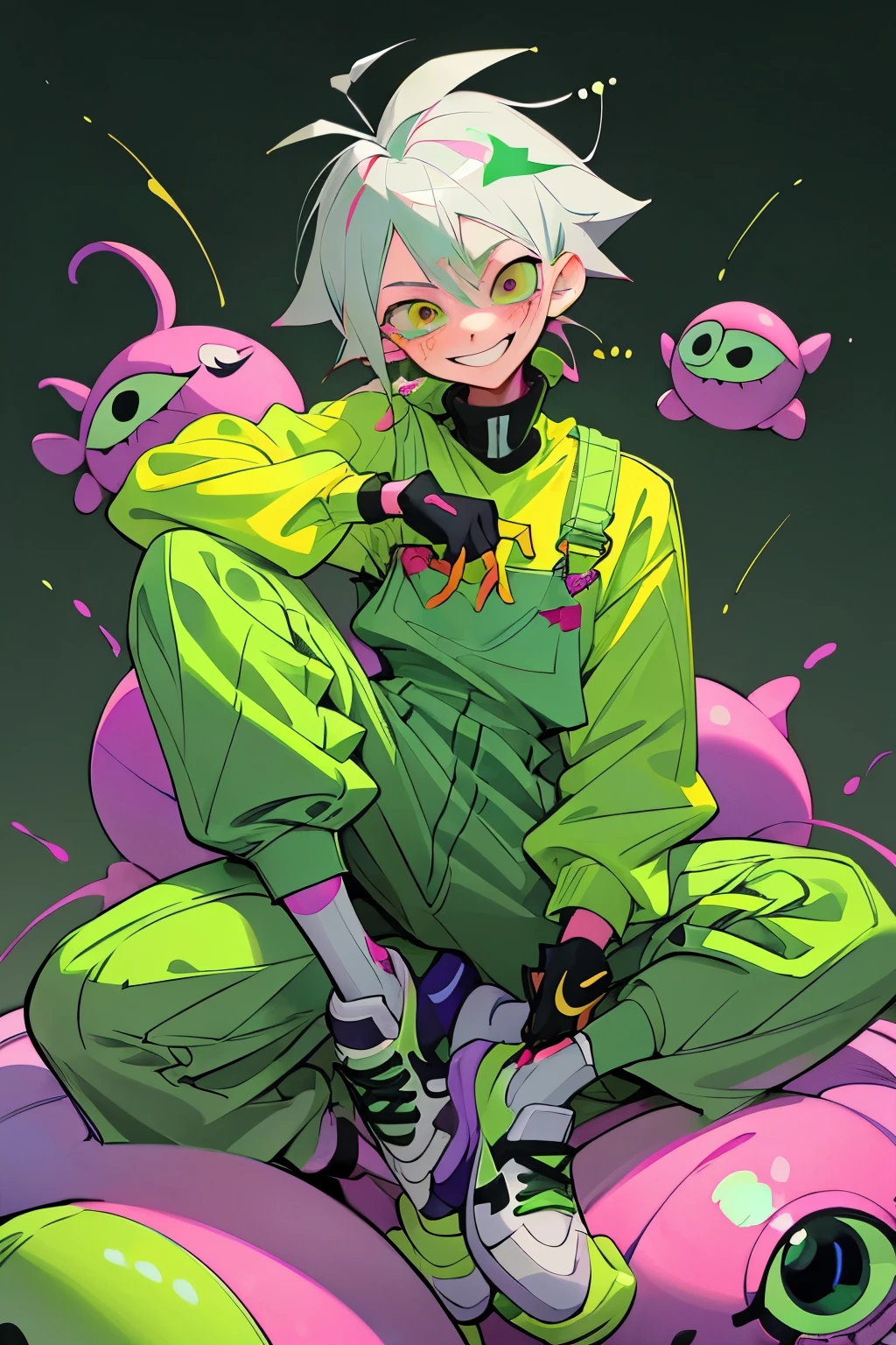 1kpop boy wearing a soft green turtle neck outfit, with a dark green fuchsia-colored overalls , yellow gloves, smile with teeth, messy messy white hair, detailed eye,pupilsmirk rizz face, attractive pose cannot be ressistbaby face(killua face) rizz,sit pose, face, attractive pose cannot be ressist, whole body,Nike shoes