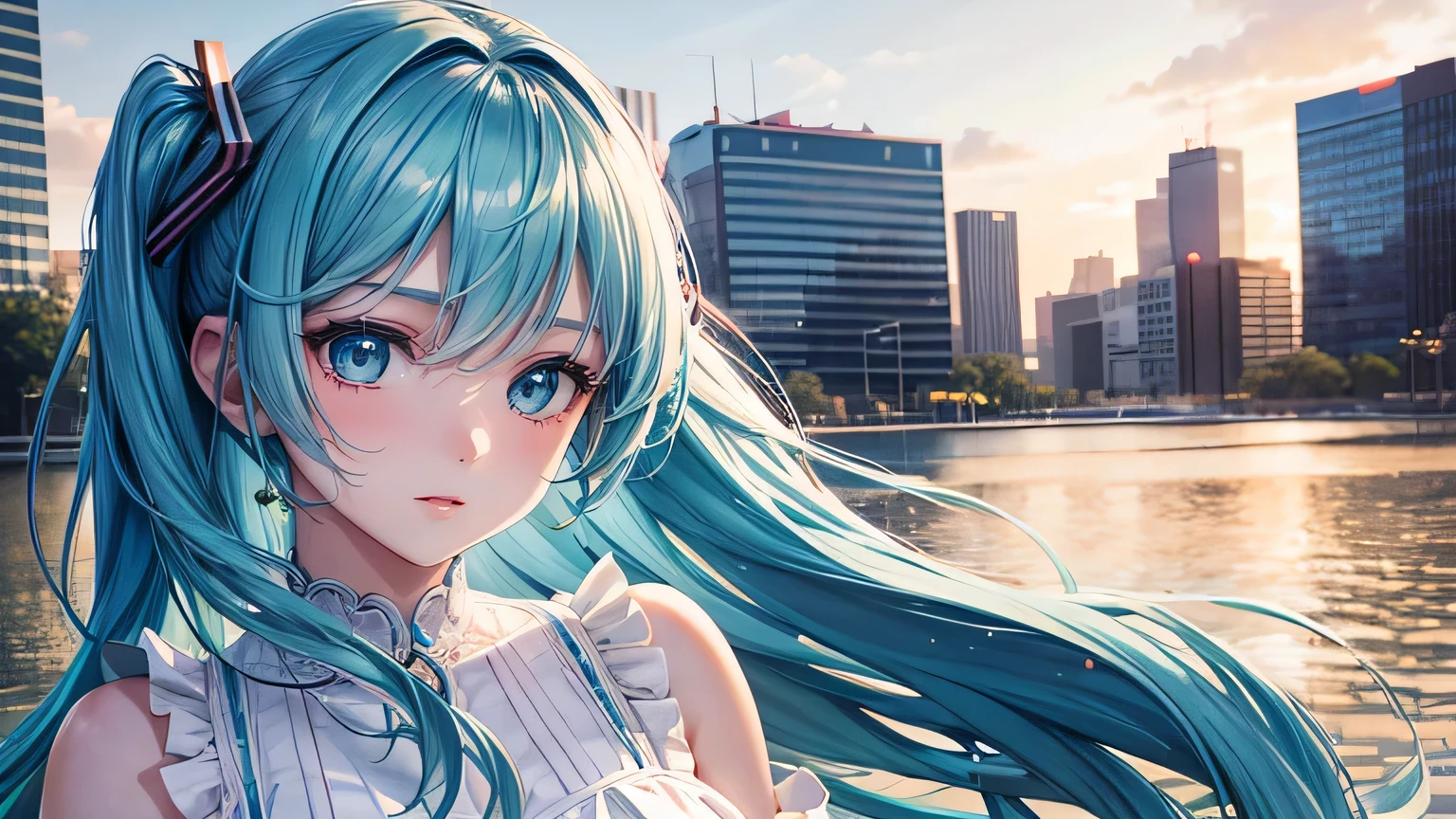 miku hatsune : 1.3, Blue Hair: 1.2, , Daytime: 1.2,In the summer town: 1.1, Cinema Lighting, Ultra-high resolution, Accurate, Super detailed, Textured skin, High detail, highest quality, 8k,Thin bangs, (Beautiful sky),(The Shining), Upper Body,Thick body, Well-drawn eyes, Focus on the face,summer,White and cute dress,Detailed hair depiction,early morning,summer、City Background,Detailed depiction of eyes、Detailed depiction of hair、