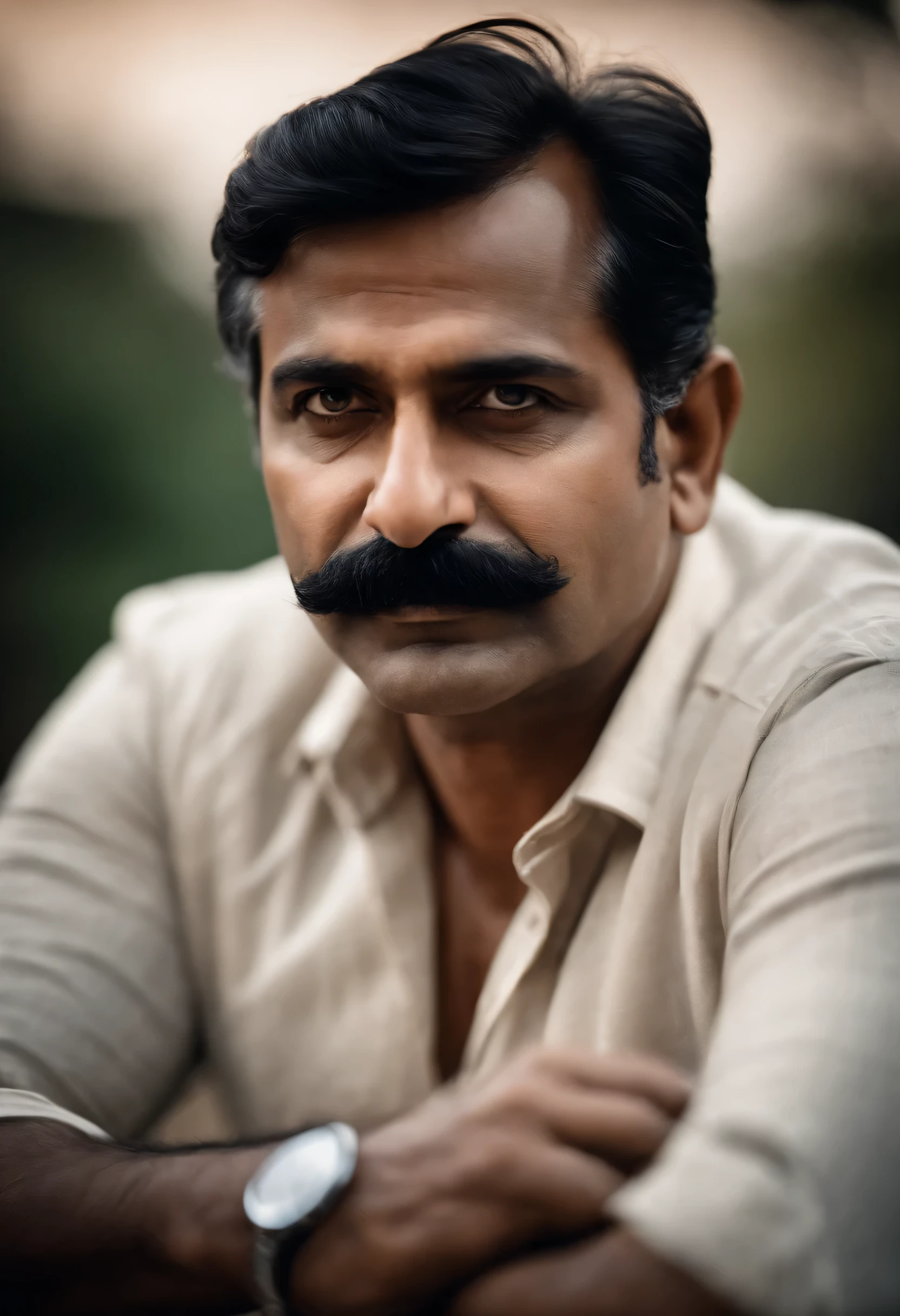Indian middle aged man, black hair,Mustache, clean shave