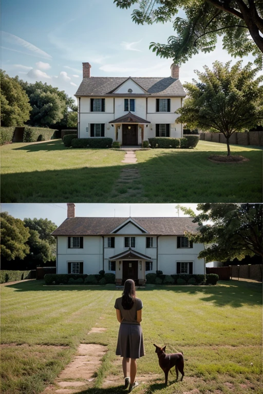make an image of a house with a landscape, a tree, a dog and a person watching the landscape