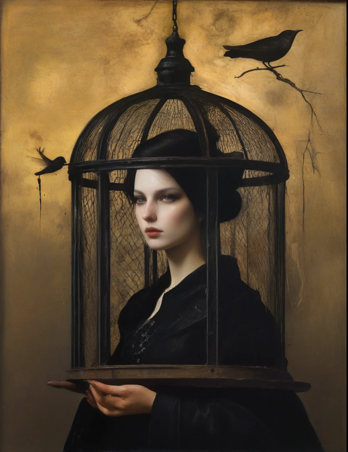 James Gurney, Surrealist art , dream-like, Mysterious, Provocative, symbolic, Complex, detailed,, (Gothic but very beautiful:1.4), (masterpiece, highest quality:1.4) , Nicola Samori Style, birdcage