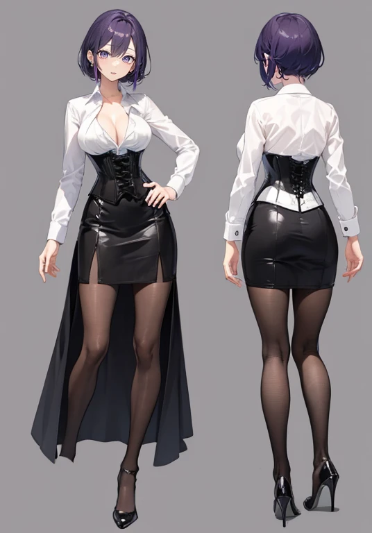 Purple hair,short hair,Adult female,(suit),Dress shirt,((Roll up your sleeves)),(Corset),(Tight skirt),(high heels),The heel is visible,((Simple background)),Smile,((Full body)),((whole body)),Character Sheet,