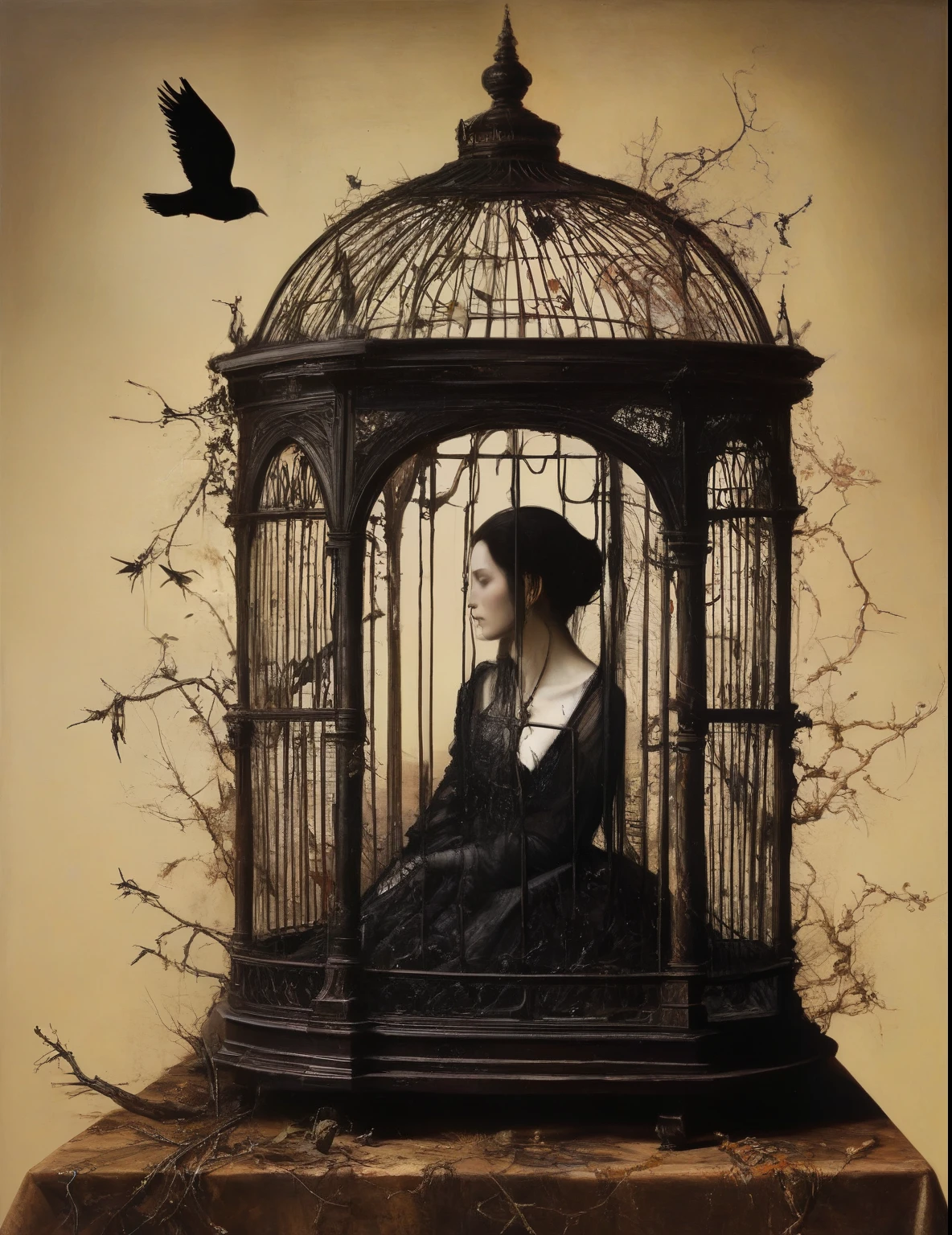 James Gurney, Surrealist art , dream-like, Mysterious, Provocative, symbolic, Complex, detailed,, (Gothic but very beautiful:1.4), (masterpiece, highest quality:1.4) , Nicola Samori Style, birdcage