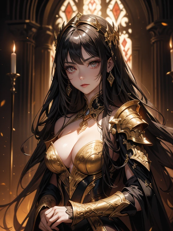 A breathtaking artwork of a female character of unimaginable beauty, set in a dark and opulent environment. The full-body view reveals an impressive figure, exuding an aura of power and mystery. She wears black and gold clothes, radiating a luxurious darkness. Her armor is detailed and characteristic, with intricate golden designs that shimmer in the dim light. Ornate shoulder pads protect her shoulders, and the armor perfectly molds to her body, accentuating her formidable presence.
Her long black hair flows like a river of darkness, contrasting with her mesmerizing scarlet eyes. Her beauty is almost supernatural, a perfect blend of grace and menace. She wields a cursed blade that seems to pulse with malevolent energy, enhancing her aura of danger.
The setting around her is a gothic and luxurious environment, with dark arches and stained glass windows that filter a supernatural light. In the background, candles flicker, casting dancing shadows on the intricately carved stone walls. It is a place that blends elegance and terror, perfectly reflecting the essence of the character.