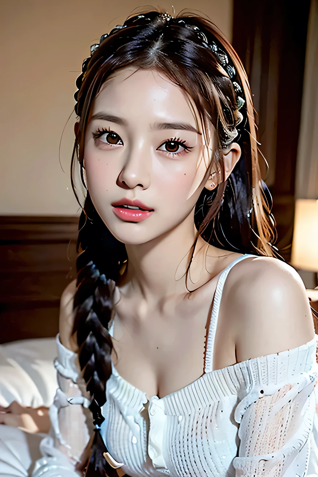 (((Woman lying on bed in bedroom)))、Accentuate your breasts、See-through white tight sweater dress、Off-the-shoulder tight sweater dress、(Reddish brown wet shiny hair)、(Floral braided headband、Half Up、Floral,),(Space Knitting、Voluminous fishtail braid、Twisted pan、)、(The bangs are see-through)、hairpin、hair ornaments、Blushing cheeks、Pointed red mouth、Big Breasts、Perfect body curves、Beautiful clavicle、Wet Hair、Wet Face、Wet body、Wet Skin、Wet costume、Detailed clothing features、Detailed hair features、Detailed facial features、Looking into the camera、(Dynamic Angle)、(Dynamic and sexy pose) )、Cinema Lightasterpiece、highest quality、Ultra-high resolution output images、Write Boundary Depth、Intricate details、Add depth to your subject with contrast between light and shadow、)、Digital Illustration、Single-lens reflex camera、(Realistic:1.3)、(8K quality、Anatomically correct facial structure、)、(Sea Art 2.0 Mode:1.3)、(Picture Mode Ultra HD、)