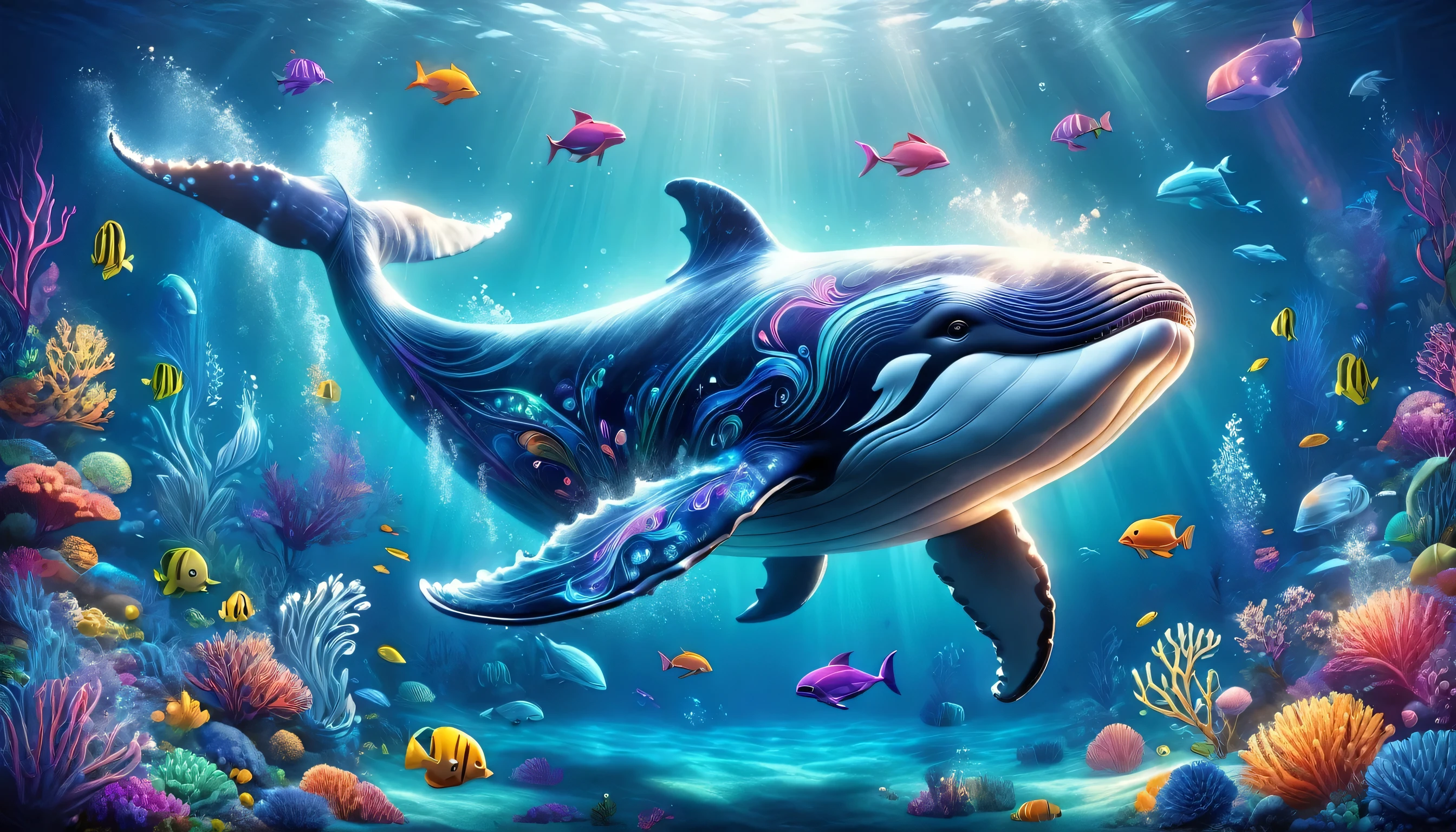 "Create a background with a colorful and enchanting scene featuring vibrant characters and imaginative elements. Show a whale in the deep blue sea, with a majestic dive, exploring endlessly. Include whimsical details and a magical underwater atmosphere to captivate and delight kids."