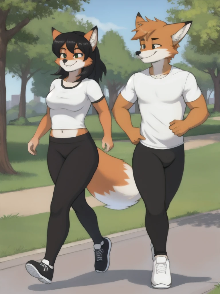 Furry, fox, smile, black leggings, white shirt, jogging with a partner, park, teen