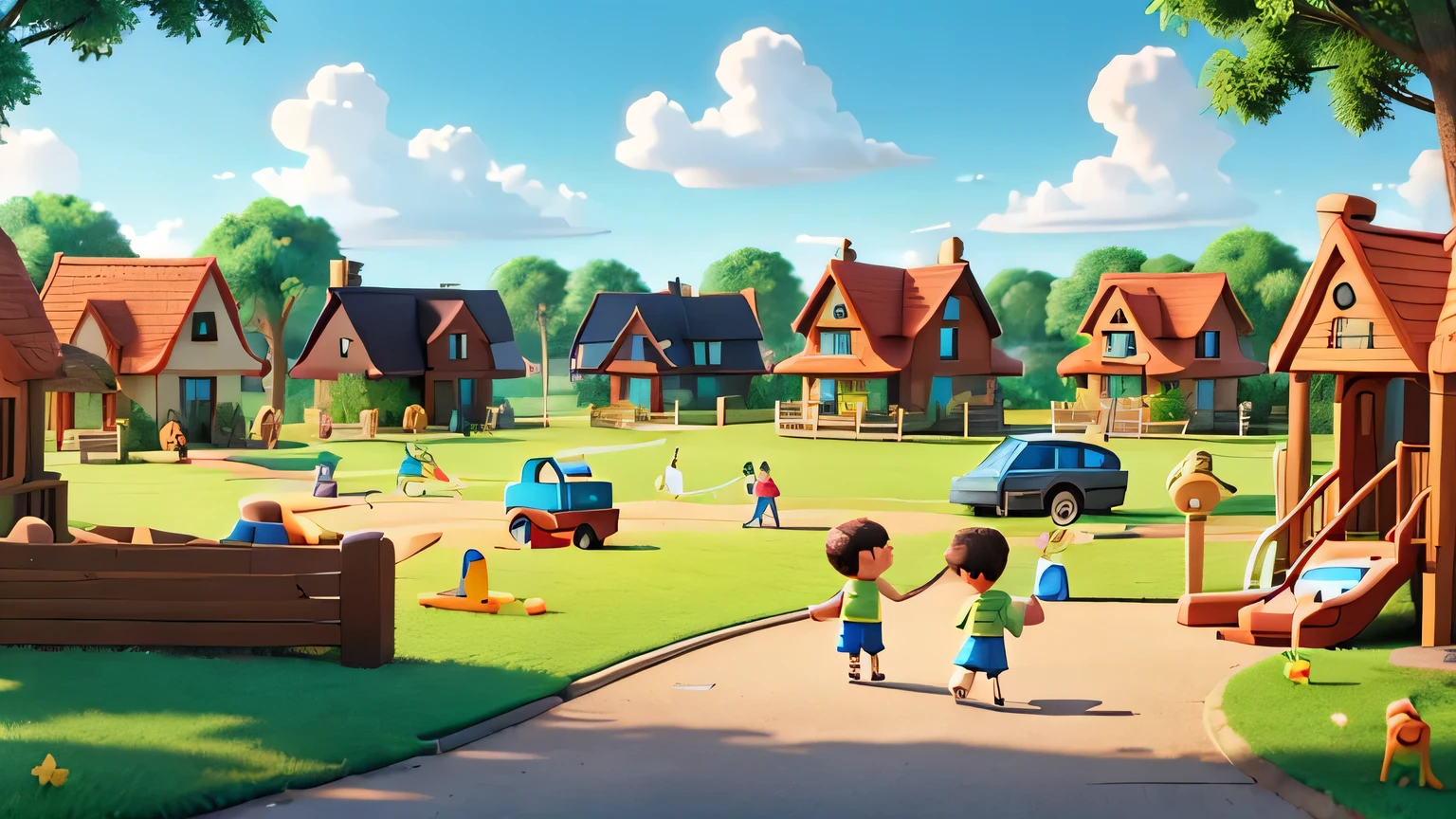 Sunnyville with children playing, houses, and parks]

