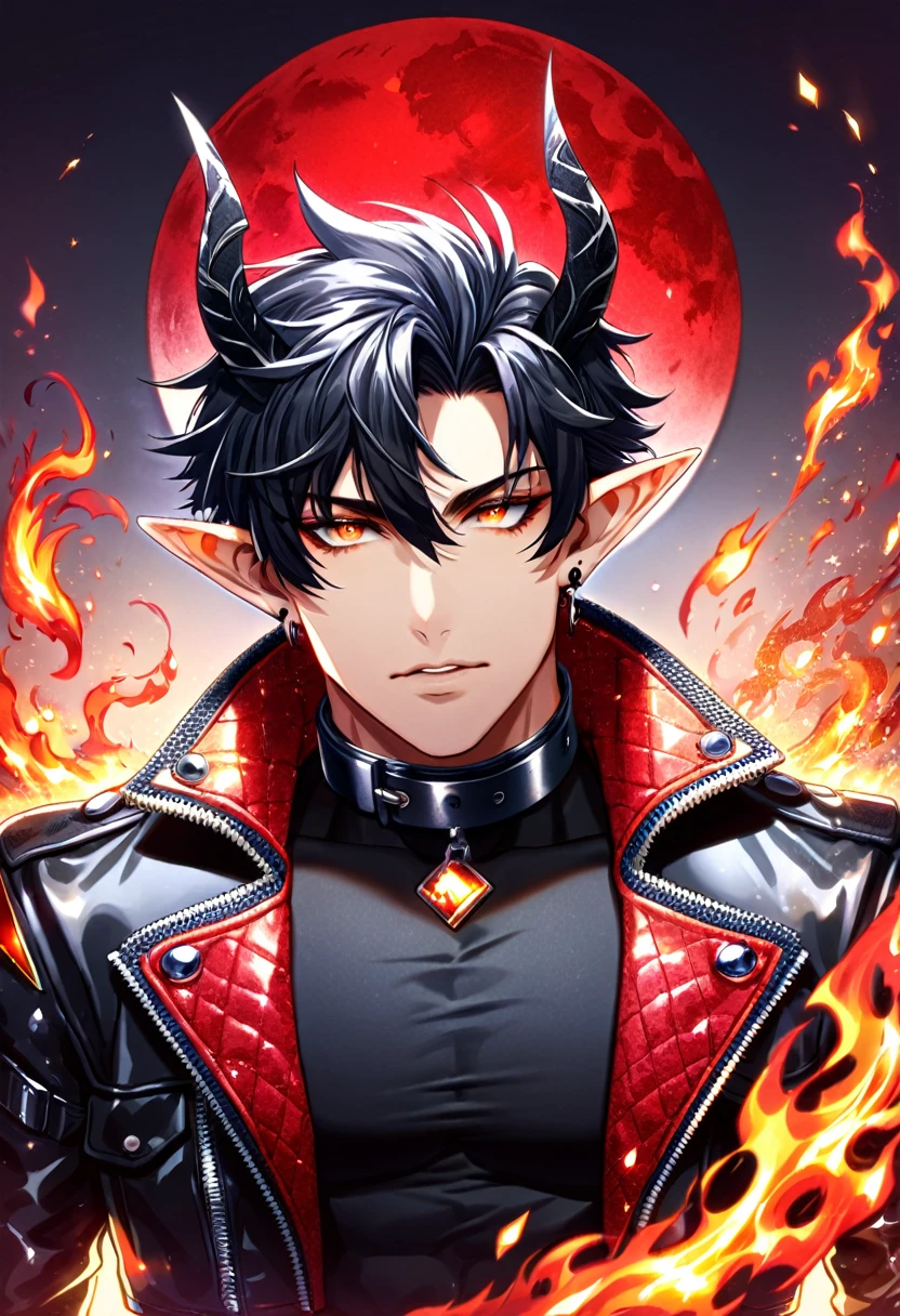 absurdres, highres, ultra detailed, HDR) master piece, best quality, Flamebringer, black hair, expressive orange eyes, Arknights, solo, sexy man, handsome, toned chest, slightly pointy ears, black horns, black tight shirt, cropped leather jacket, black collar, black earrings, magical fantasy, glittering, sparkling, radiant, flames, glittering red moon, red roses, red butterflies 