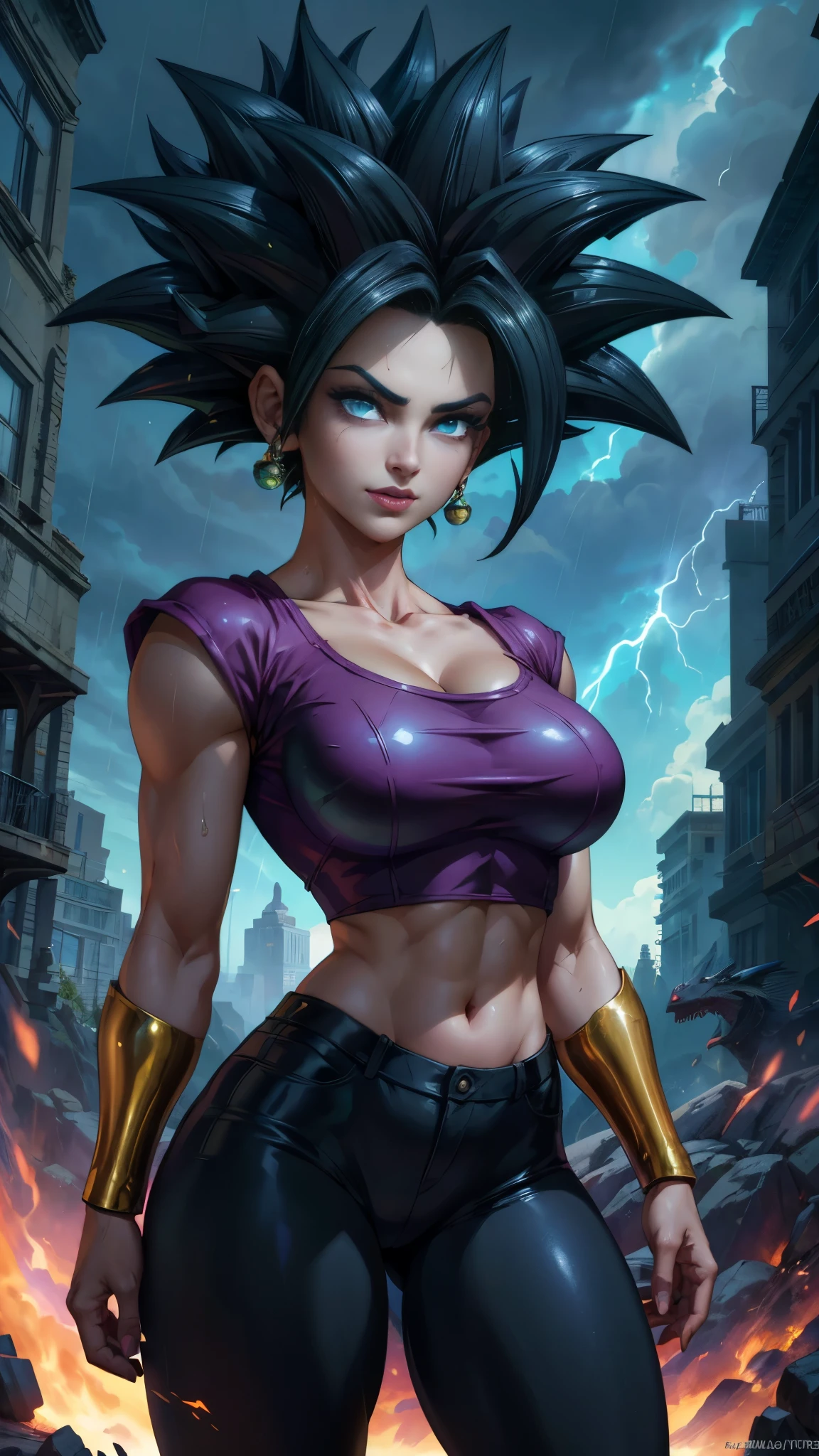  (La mejor calidad,A high resolution,Ultra - detallado,actual),Kefla [Dragon Ball Super),(cabello verde completo :1.4) , top corto negro, (medias blancas brillantes/pantys:1.4),,(Fondo de ruinas de mazmorra en ruinas cyberpunk :1.4 ), More detailed 8K.motor irreal:1.4,UHD,La mejor calidad:1.4, fotorrealista:1.4, textura de la piel:1.4, obra maestra:1.8,obra-prima, mejor calidad,objeto Objeto], (detailed face features:1.3),(Las proporciones correctas),(Ojos hermosos azules:1.4 ),  (dynamic cowboy pose), (Kefla Dragon Ball Super:1.4), (perfect anatomy :1.4),( cinematic lighting :1.4), (Kefla Dragon Ball Super V2.1),( fondo truenos cayendo lluvia agua nublado :1.4), (Detalles de la cara: 1.5, ojos azules brillantes, hermoso rostro, ojos bonitos, Contorno del iris, labios delgados: 1.5, Thin, sharp pale eyebrows, Long, dark eyelashes, double tabs),