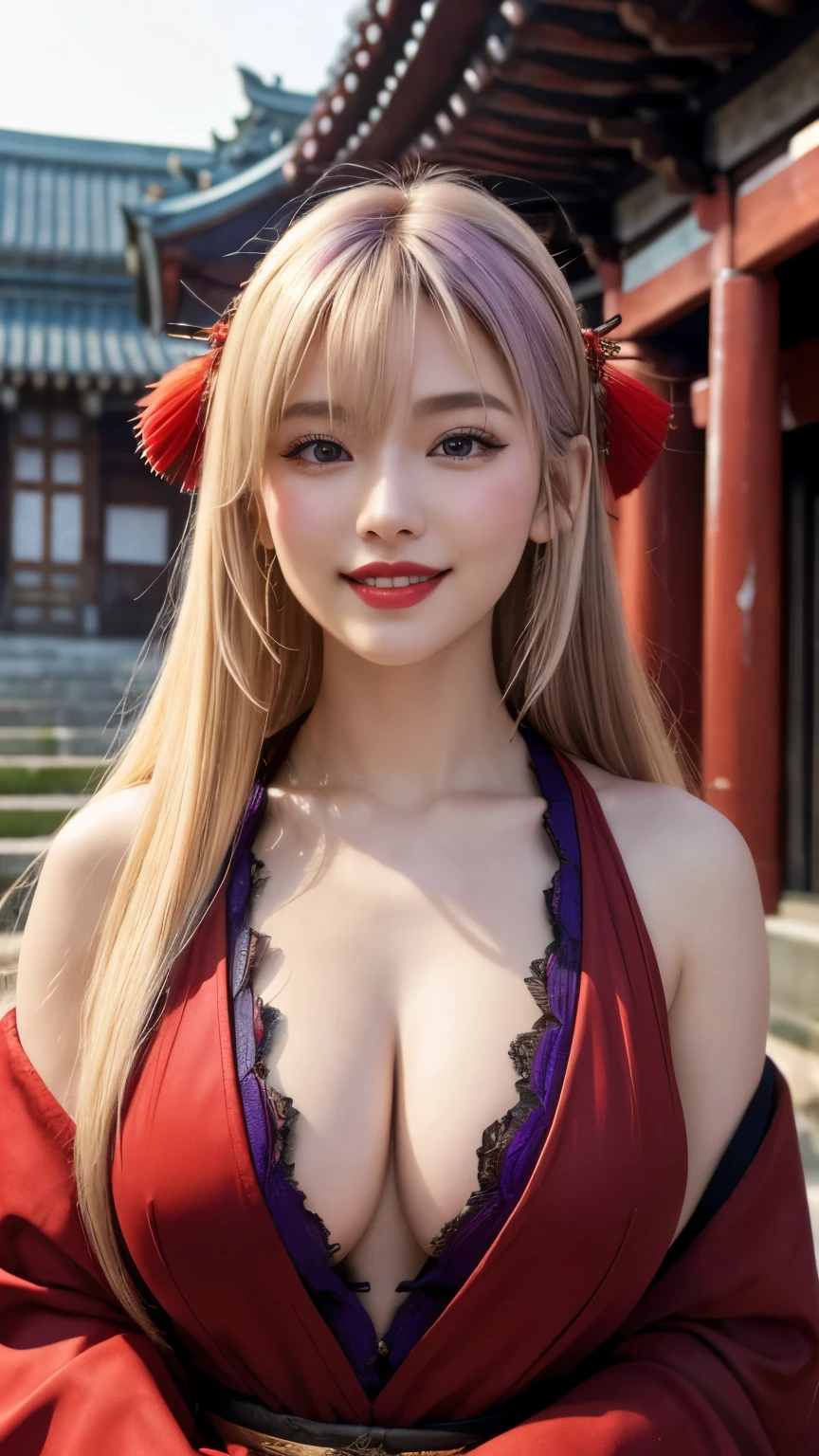 (Hyper Real), ancient shrine maiden, female shaman, giant beauty, safe, high resolution, real short hair, blonde, blonde woman, skin texture details, super high resolution, realistic, plump figure, smile, beautiful expression, small purple hair Airy long blonde hair, divine spirit, very delicate and detailed skin texture, (ancient luxury luxury temple), ancient priestess, big cleavage, plunging neckline, big red lips , (luxurious black costume and luxurious accessories)