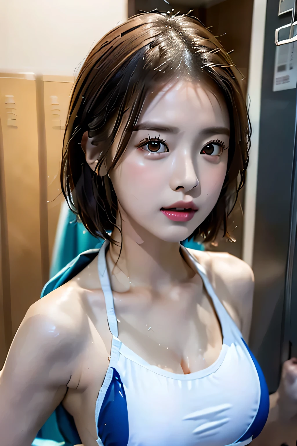 (((locker room:1.3))),Sports towel,
(((Changing room 1.3))),(((Uniforms hanging on hangers:1.3))),((Swimsuit change:1.7)),(((White one piece swimsuit))),Cute Face,Extreme close up of face,Shiny light brown and orange striped short hair,Perfect round face,iris,(hairpin、Floating Hair、),Big Breasts.Professional Lighting,Cinematic Light,(Tabletop,highest quality,Ultra-high resolution output images,) ,(8K quality),(Picture Mode Ultra HD),
