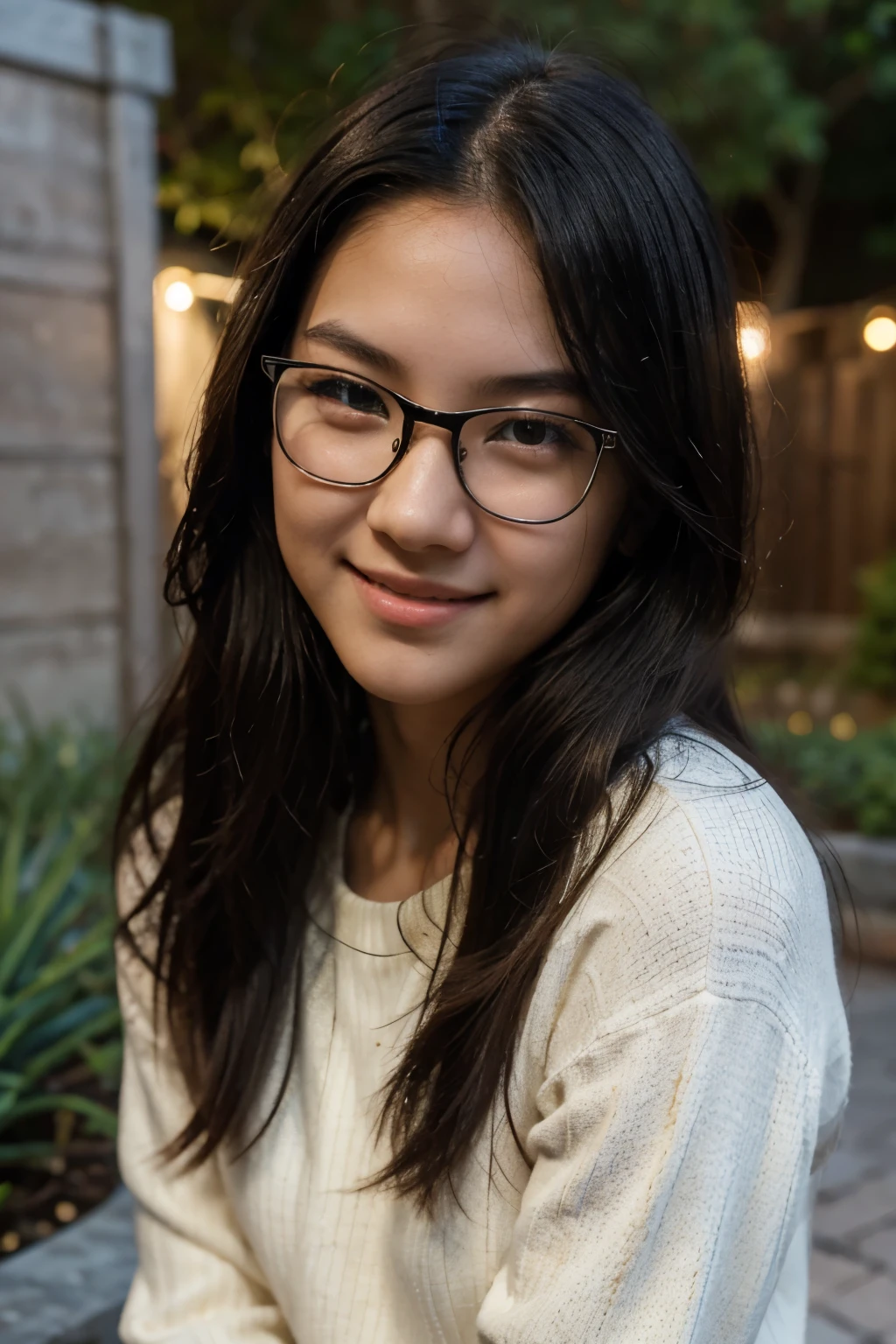 Very young female, half chinese, small slit-eyed, glasses, black hair, flawless white skin, long hair, photorealistic, best quality, hyper detailed, middle school student, beautiful woman, selfie photo, upper body, solo, wearing sweater, smiling at garden, night photo, without makeup, school, looking at viewer, skin texture, film grain, close up, ultra high res, best shadow, RAW, instagram LUT