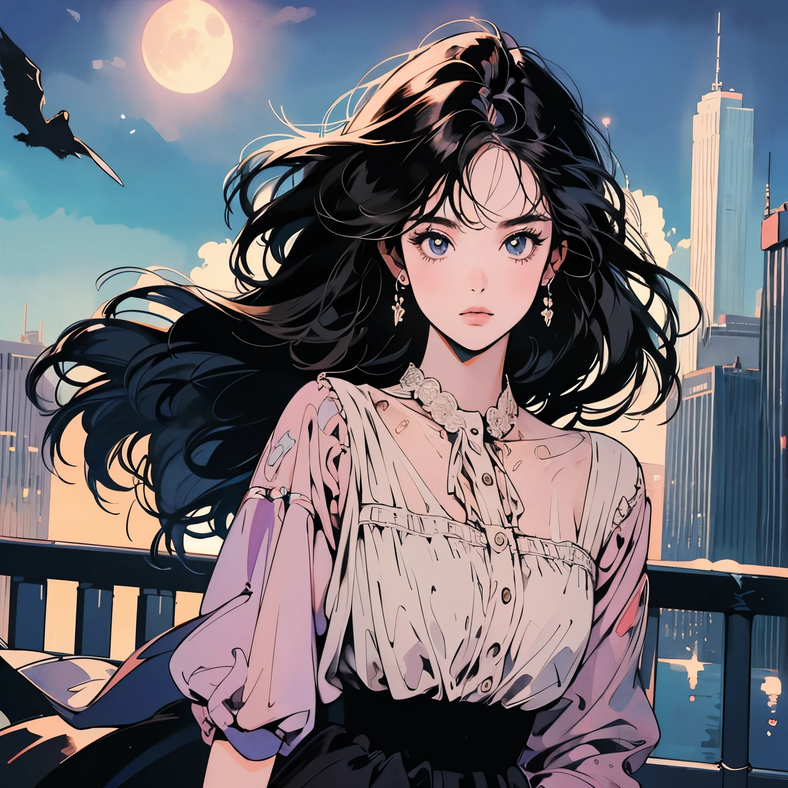 Upper body, one beautiful woman, blouse, pedestrian bridge, skyscraper, (night view), (moonlight), complex background, detailed hair, dark hair, pale light, wind blowing, (various angles), (provocative expression)
