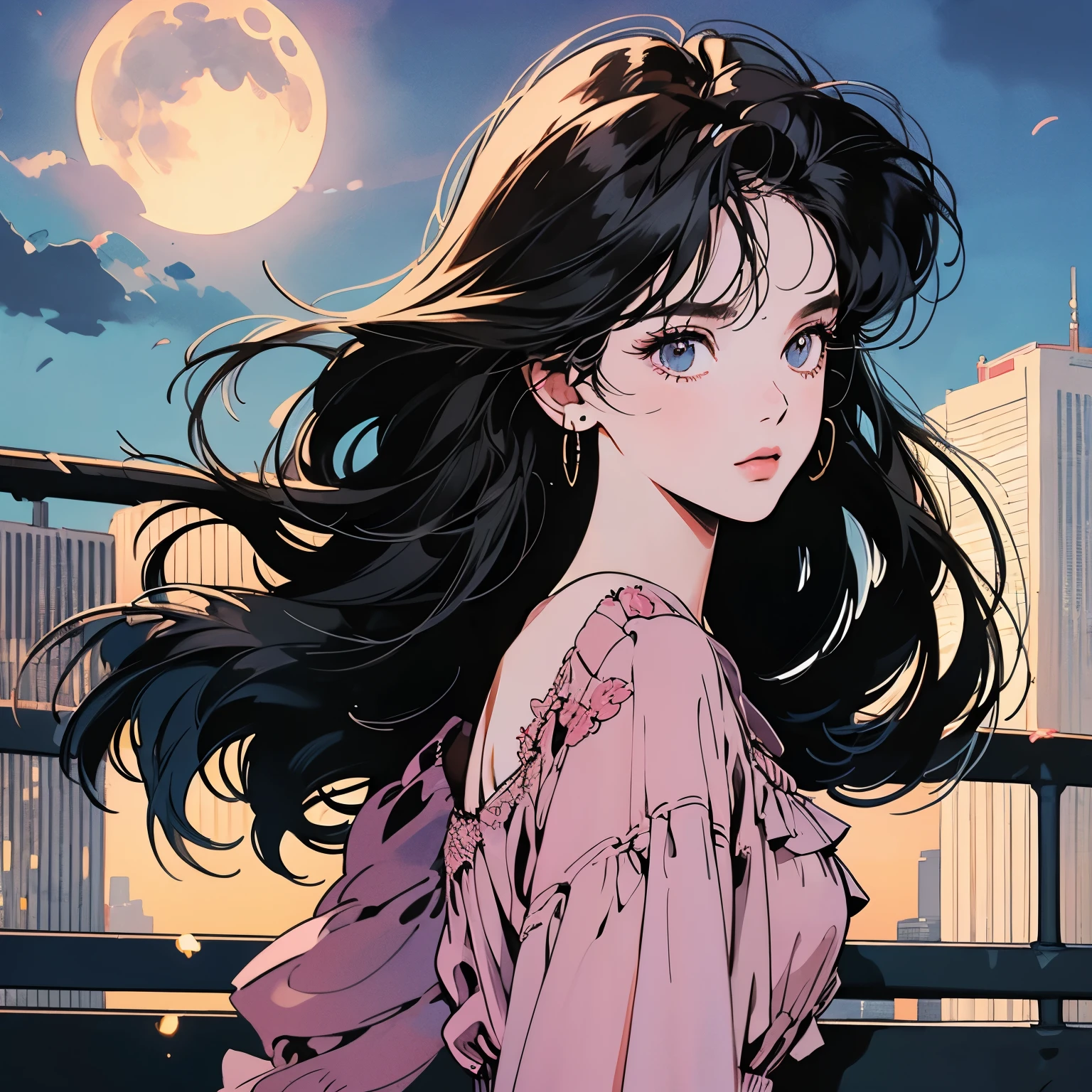 Upper body, one beautiful woman, blouse, pedestrian bridge, skyscraper, (night view), (moonlight), complex background, detailed hair, dark hair, pale light, wind blowing, (various angles), (provocative expression)