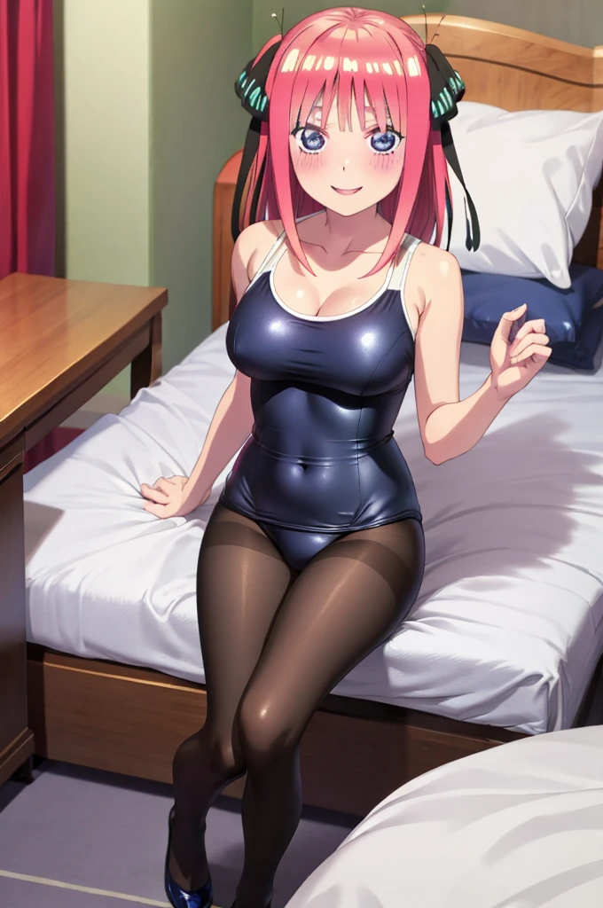 best quality, ultra-detailed masterpiece, nino nakano, one-piece swimsuit, breasts, pantyhose, blush, smile, cushion, bed room