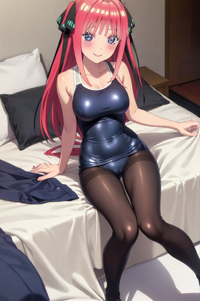 best quality, ultra-detailed masterpiece, nino nakano, one-piece swimsuit, breasts, pantyhose, blush, smile, cushion, bed room