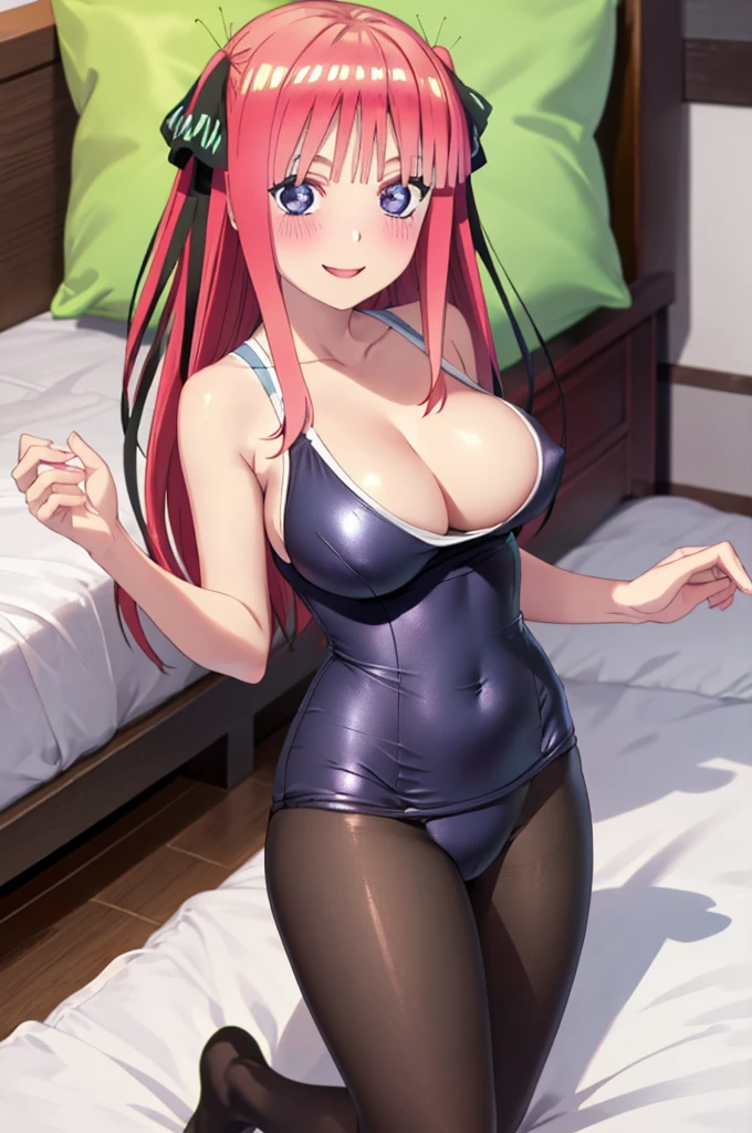 best quality, ultra-detailed masterpiece, nino nakano, one-piece swimsuit, breasts, pantyhose, blush, smile, cushion, bed room