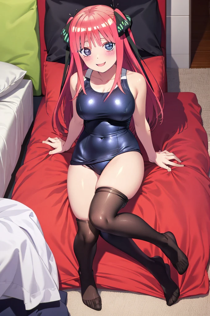 best quality, ultra-detailed masterpiece, nino nakano, one-piece swimsuit, breasts, pantyhose, blush, smile, cushion, bed room