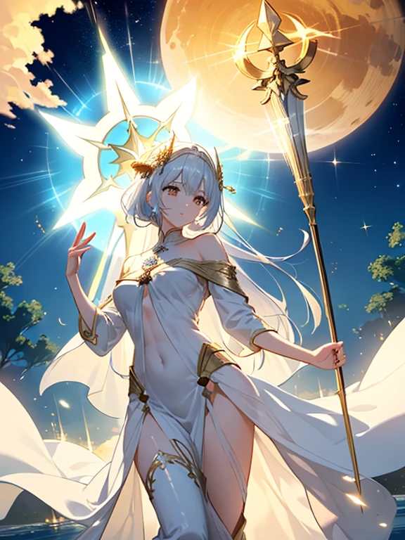 A divine and radiant artwork of a holy female character in a heavenly, ethereal setting. The full-body view reveals her dressed in shimmering white and gold clothes that radiate divine light. Her presence is serene and awe-inspiring. She holds a holy staff, exuding a powerful and benevolent energy.

The background is a celestial realm with golden clouds and beams of sunlight breaking through. Angelic creatures flutter in the air, and a grand temple stands majestically in the distance, creating a divine and radiant atmosphere that reflects the character's holy nature.
