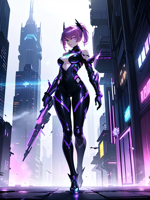 A sleek and modern artwork of a cyberpunk female character in a high-tech, futuristic cityscape. The full-body view reveals her clad in black and silver clothes, featuring armored boots, a chestplate, and ornate shoulder pads. Her pink hair and green eyes add a vibrant contrast to her high-tech ensemble. She wields a laser gun and wears a tiara, combining elegance with cutting-edge technology.

The background is a neon-lit cityscape with towering skyscrapers and bustling streets. Holographic advertisements flicker in the air, and flying vehicles zip by, creating a dynamic and futuristic atmosphere that highlights the character's sleek and modern design.
