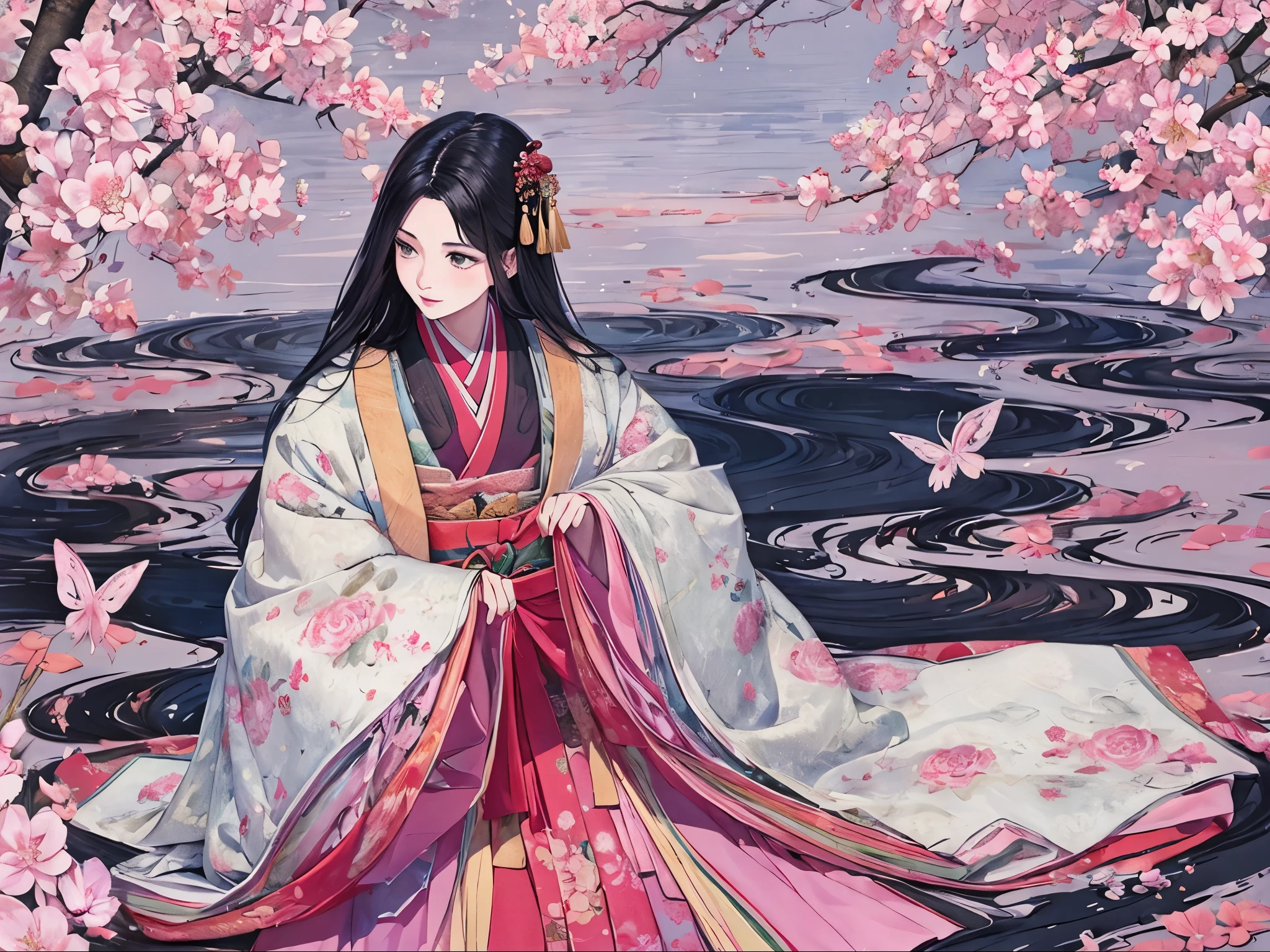 juunihitoe，(masterpiece, highest quality, highest quality，aesthetics:1.2)，From the side，Esbian all over，1300 years ago，Japan_Heian period，noble，１Beautiful Princess，Beautiful Skin，(Straight Hair　Long beautiful black hair　wealthy)，Beautiful round eyes，(kimono　Gentle pink hue　The beauty of layered colors)，Silk luster，Layered collar，Wide sleeves，Long hakama hem，dream-like，Elegant，highest quality，Beautiful graphics, Ultra Detail，butterfly，Fresh，The background is minimal，Image of a transparent robe，melt，Beyond eternity