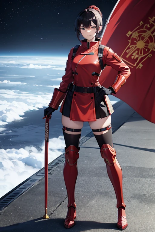 Anime drawings、Full body portrait、Red soldier of space science fiction、A female samurai wearing red armor, about 160cm tall and about 26 years old, saluting、Smiling、Short medium length hair tied up、Black Hair、wearing goggles、boots、gloves