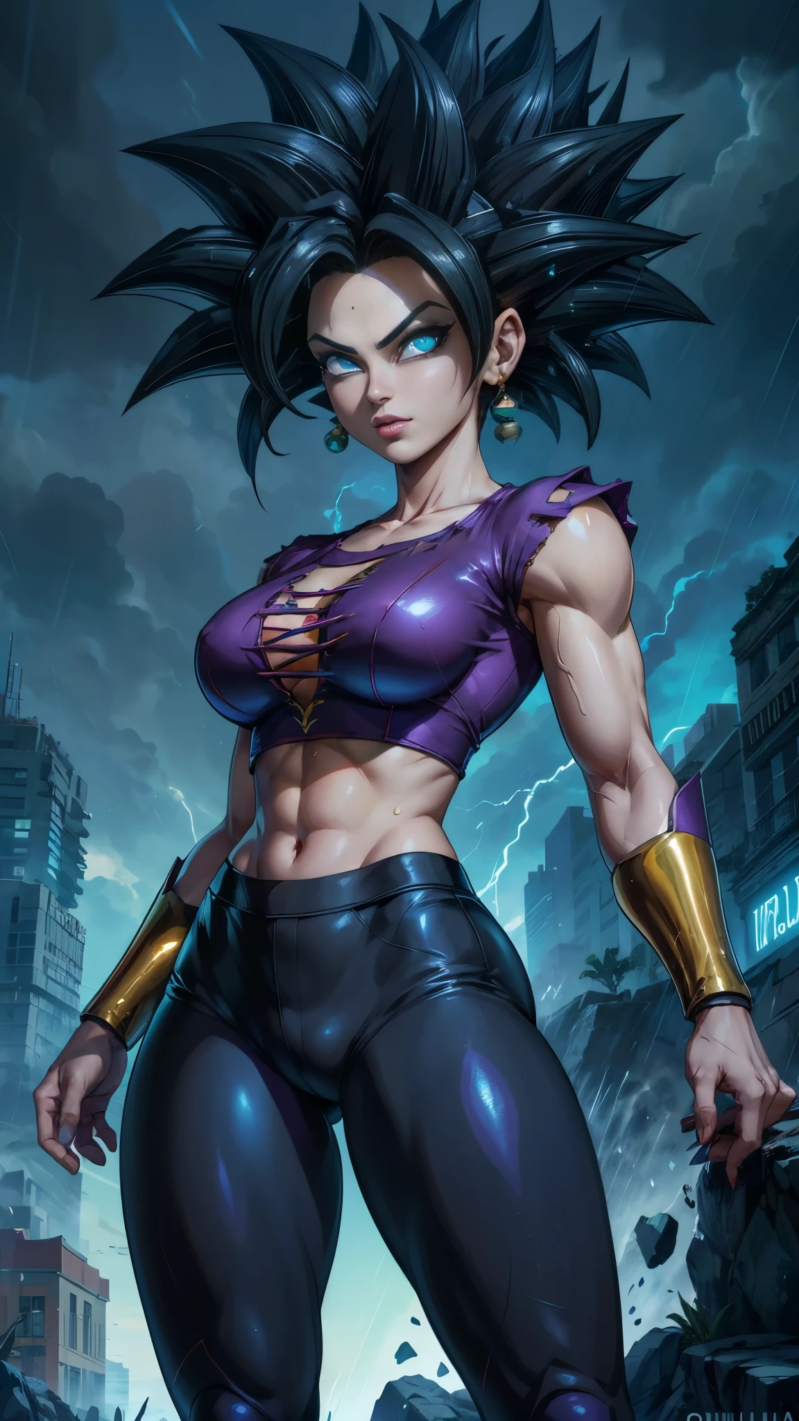  (La mejor calidad,A high resolution,Ultra - detallado,actual),Kefla [Dragon Ball Super),(cabello verde completo :1.4) , top corto negro, (medias blancas brillantes/pantys:1.4),,(Fondo de ruinas de mazmorra en ruinas cyberpunk :1.4 ), More detailed 8K.motor irreal:1.4,UHD,La mejor calidad:1.4, fotorrealista:1.4, textura de la piel:1.4, obra maestra:1.8,obra-prima, mejor calidad,objeto Objeto], (detailed face features:1.3),(Las proporciones correctas),(Ojos hermosos azules:1.4 ),  (dynamic cowboy pose), (Kefla Dragon Ball Super:1.4), (perfect anatomy :1.4),( cinematic lighting :1.4), (Kefla Dragon Ball Super V2.1),( fondo truenos cayendo lluvia agua nublado :1.4), (Detalles de la cara: 1.5, ojos azules brillantes, hermoso rostro, ojos bonitos, Contorno del iris, labios delgados: 1.5, Thin, sharp pale eyebrows, Long, dark eyelashes, double tabs),