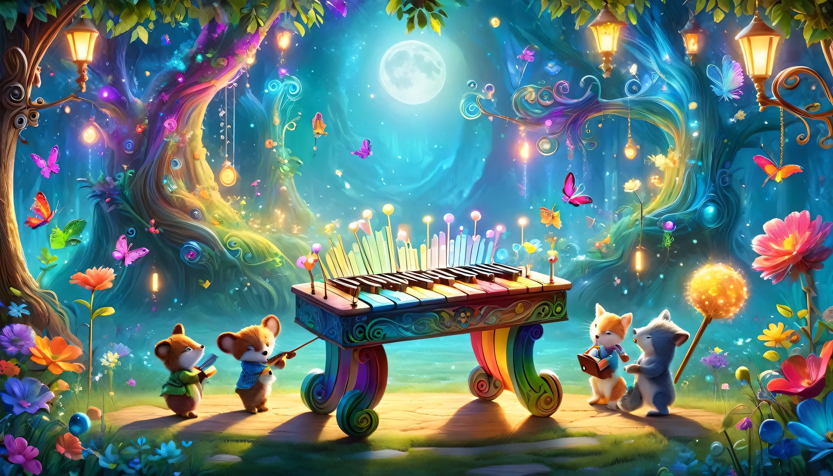 "Create a background with a colorful and enchanting scene featuring vibrant characters and imaginative elements. Show a xylophone with keys so bright, playing tunes of joy in the morning light. Include whimsical details and a magical atmosphere to captivate and delight kids."